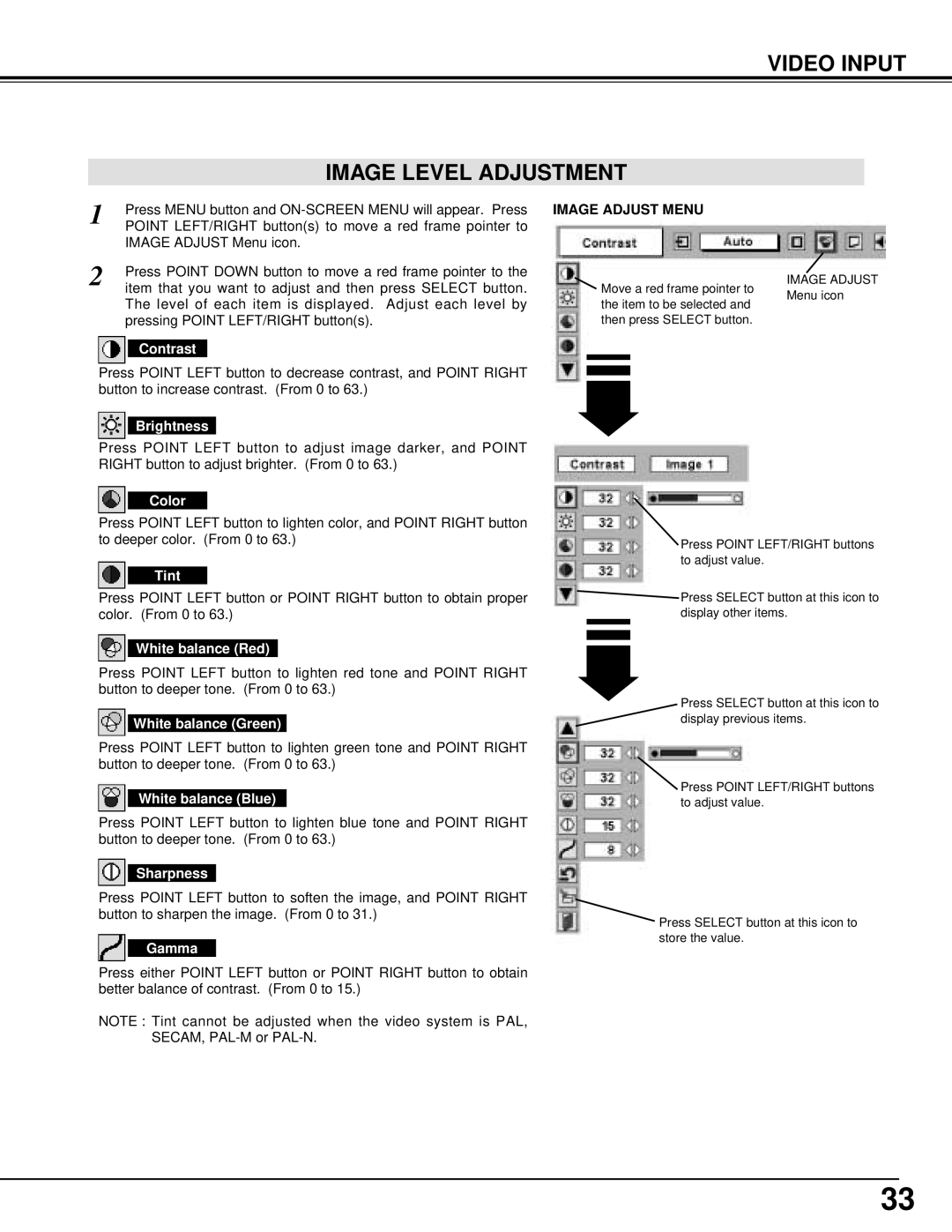 BOXLIGHT cp-12t manual Video Input Image Level Adjustment, Color, Tint, Sharpness 