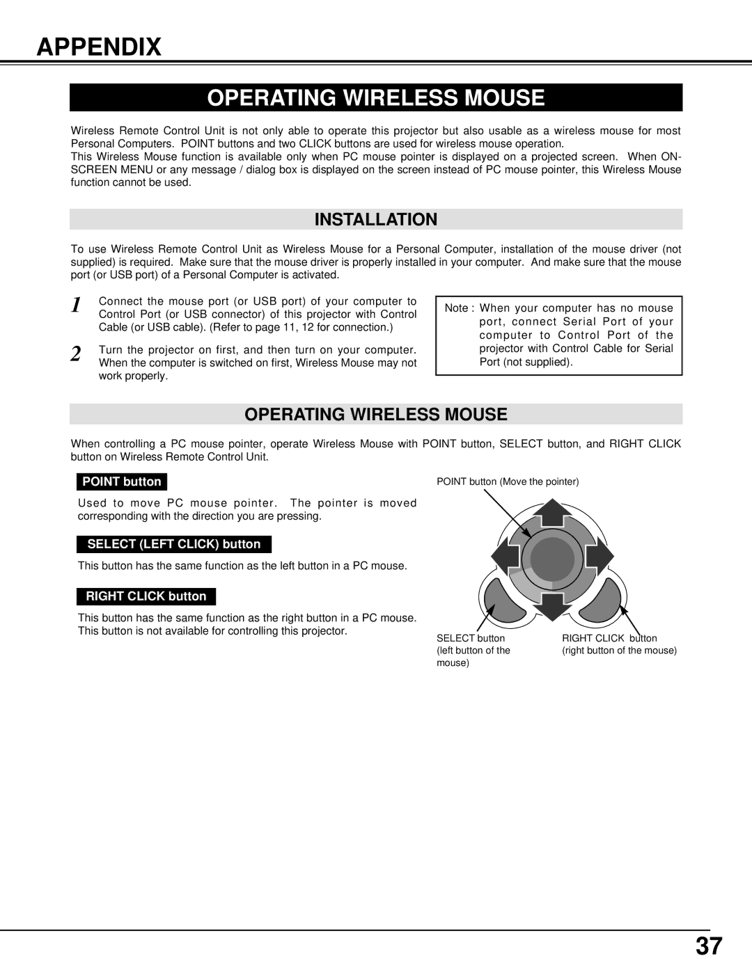 BOXLIGHT cp-12t manual Appendix, Operating Wireless Mouse, Installation 