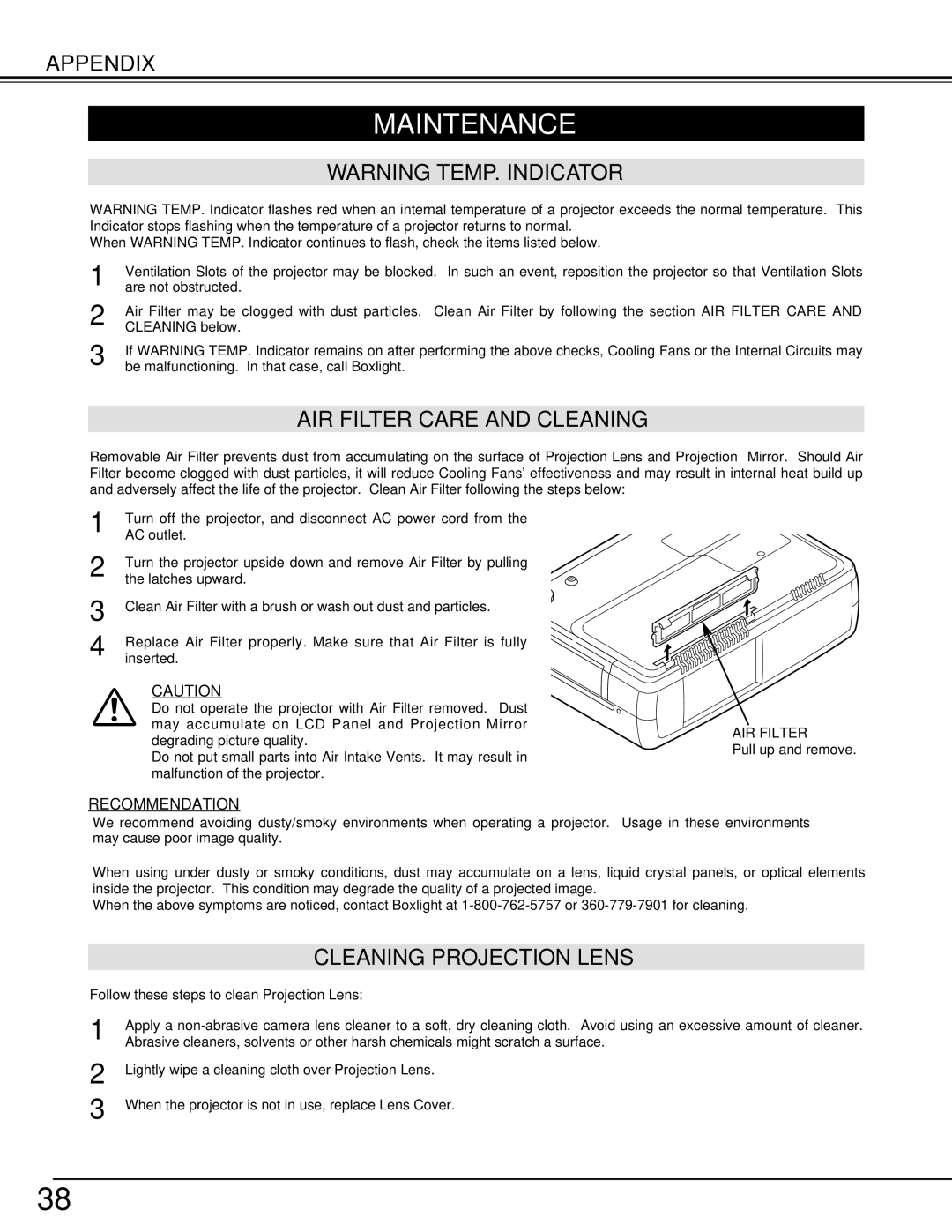 BOXLIGHT cp-12t manual Maintenance, AIR Filter Care and Cleaning, Cleaning Projection Lens 