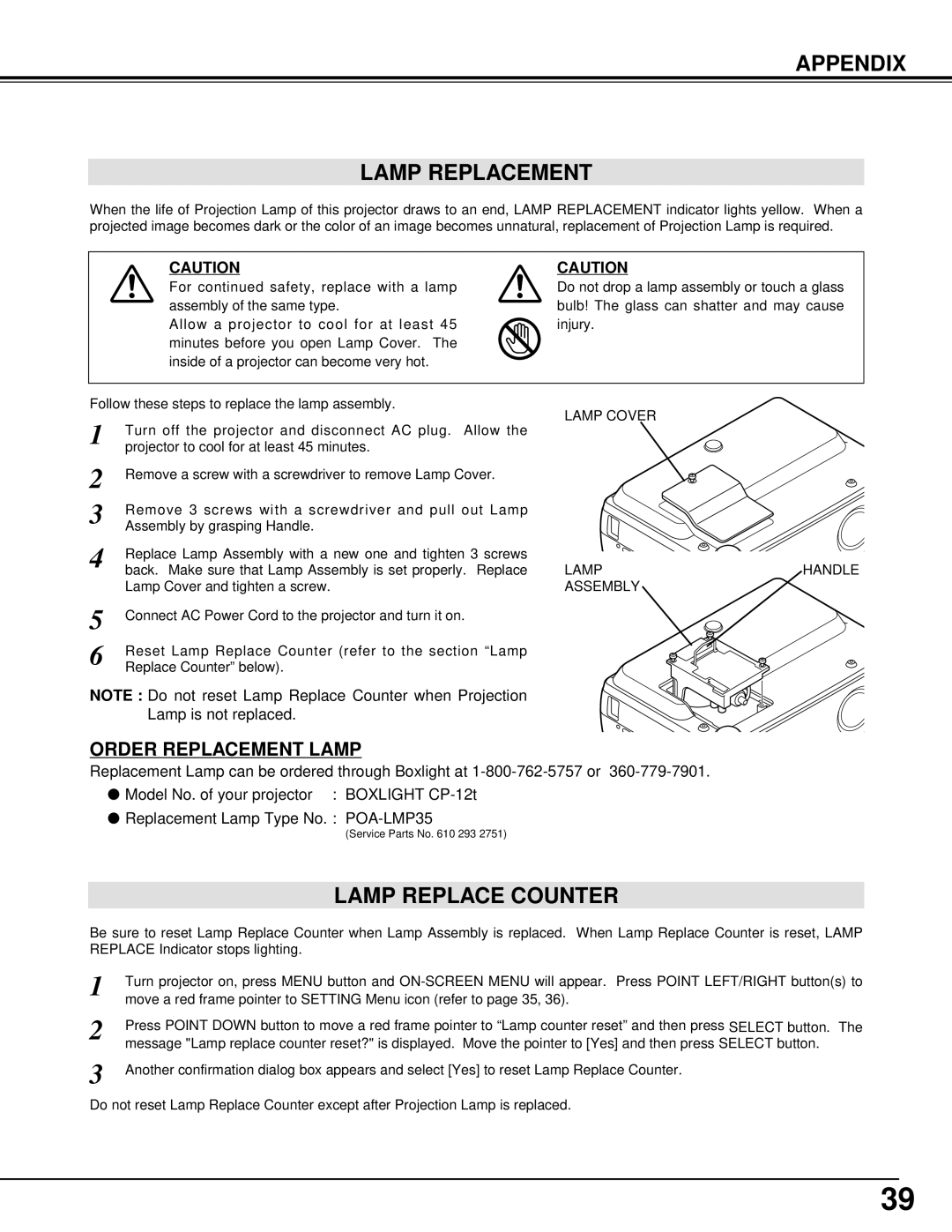 BOXLIGHT cp-12t manual Appendix Lamp Replacement, Lamp Replace Counter 