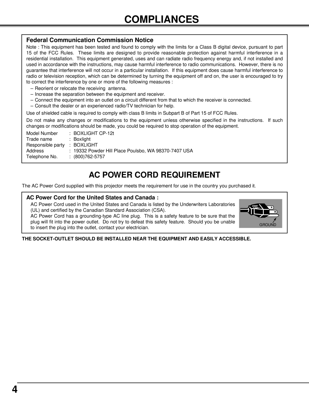 BOXLIGHT cp-12t manual Compliances, Federal Communication Commission Notice 