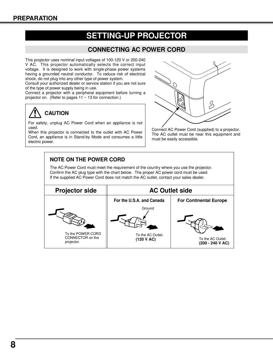 BOXLIGHT cp-12t manual SETTING-UP Projector, Connecting AC Power Cord, For Continental Europe 