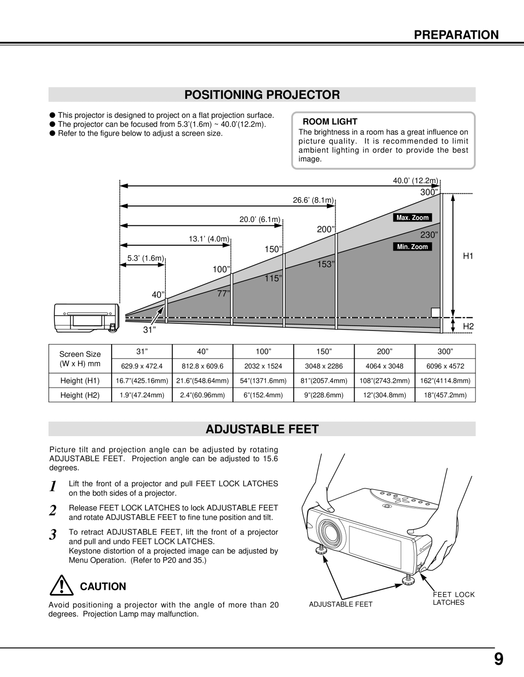 BOXLIGHT cp-12t manual Preparation Positioning Projector, Adjustable Feet 