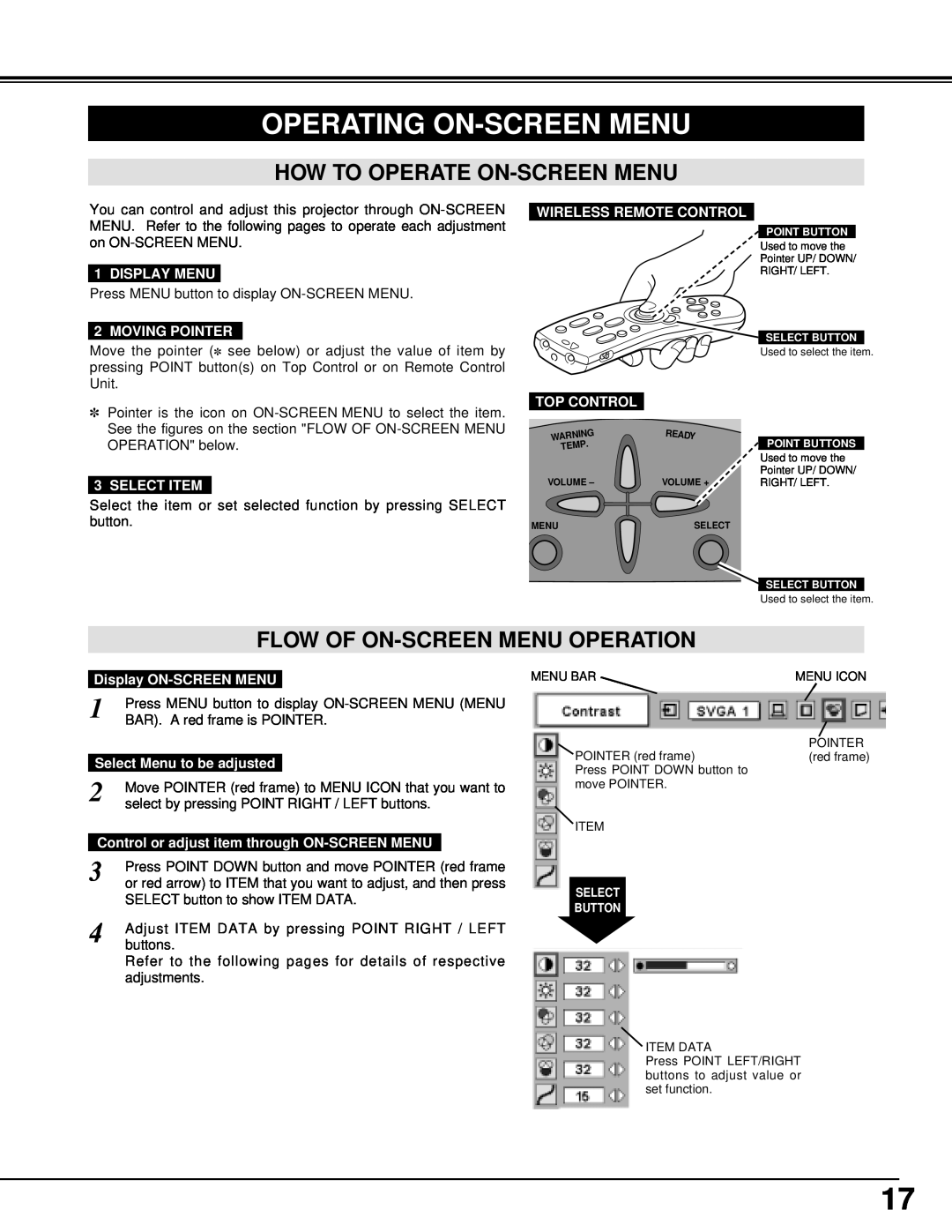 BOXLIGHT cp-12t manual Operating On-Screen Menu, How To Operate On-Screen Menu, Flow Of On-Screen Menu Operation 