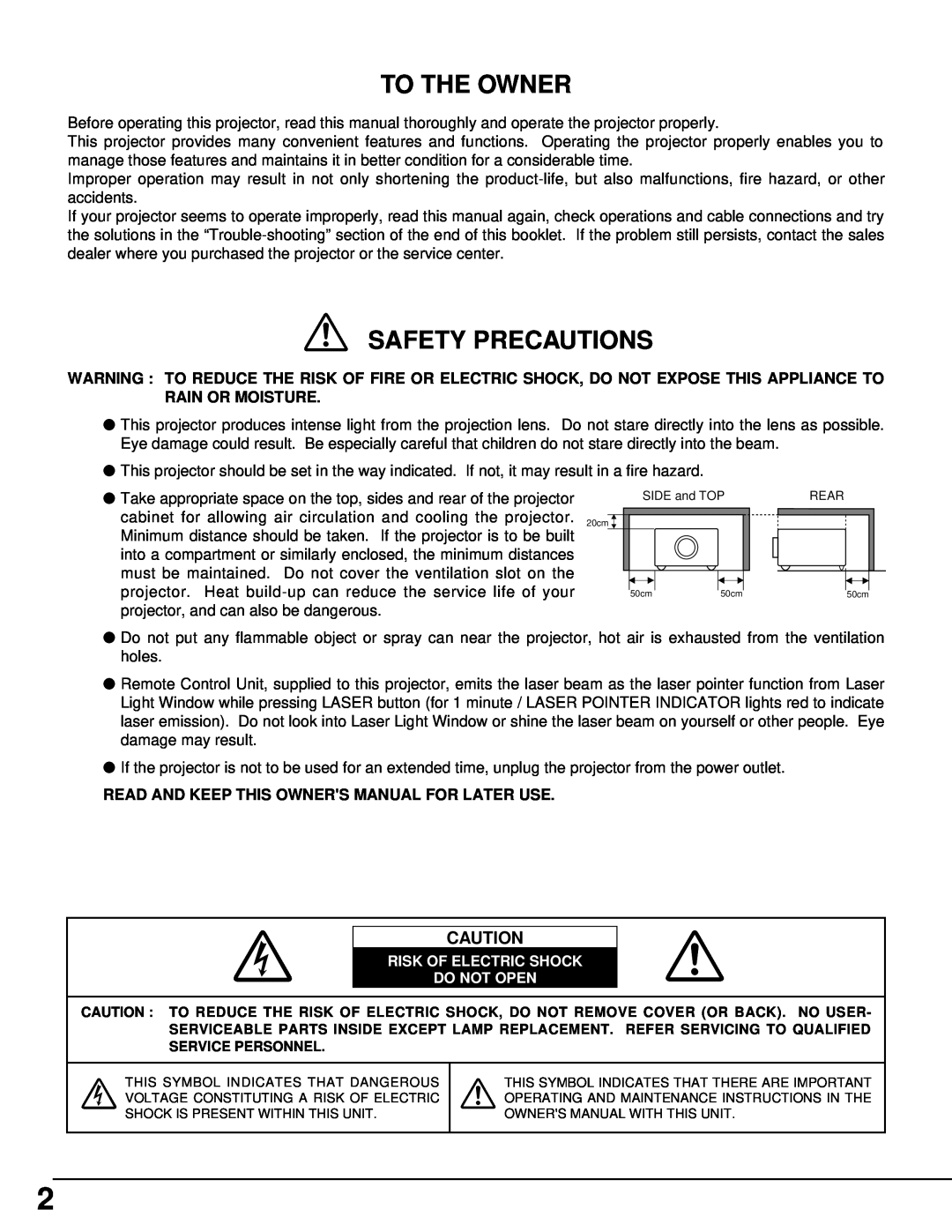 BOXLIGHT cp-12t manual To The Owner, Safety Precautions, Read And Keep This Owners Manual For Later Use 