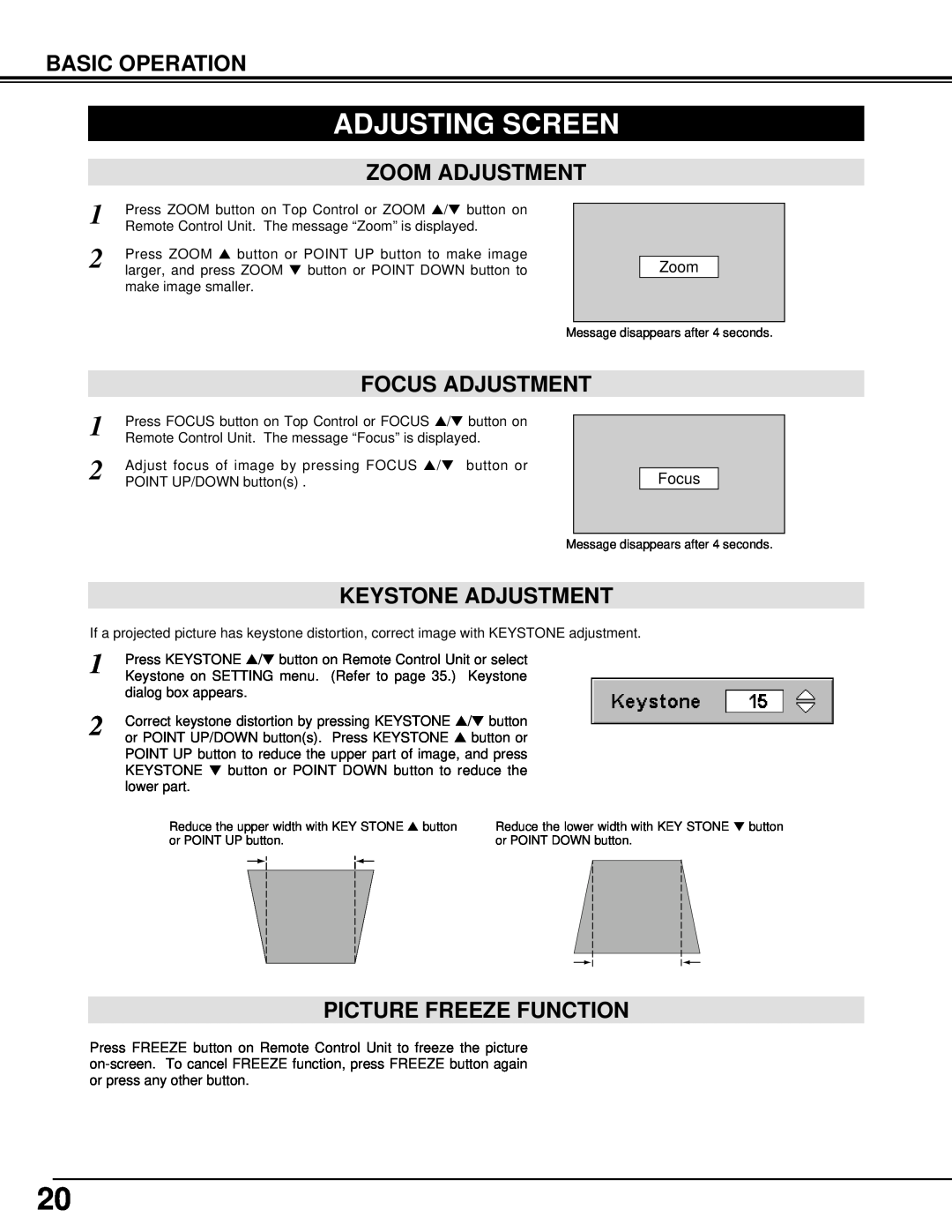 BOXLIGHT cp-12t manual Adjusting Screen, Zoom Adjustment, Keystone Adjustment, Picture Freeze Function, Focus Adjustment 