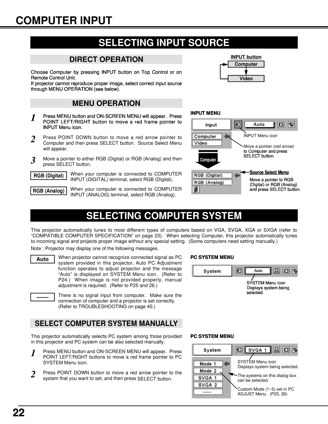 BOXLIGHT cp-12t manual Computer Input, Selecting Input Source, Selecting Computer System, Select Computer System Manually 