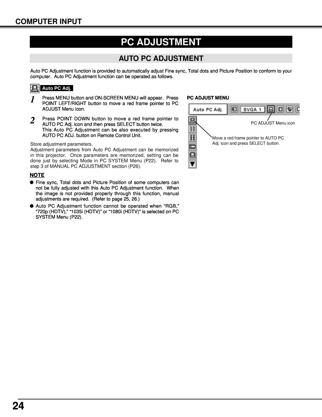 BOXLIGHT cp-12t manual Auto Pc Adjustment, Computer Input, Pc Adjust Menu 