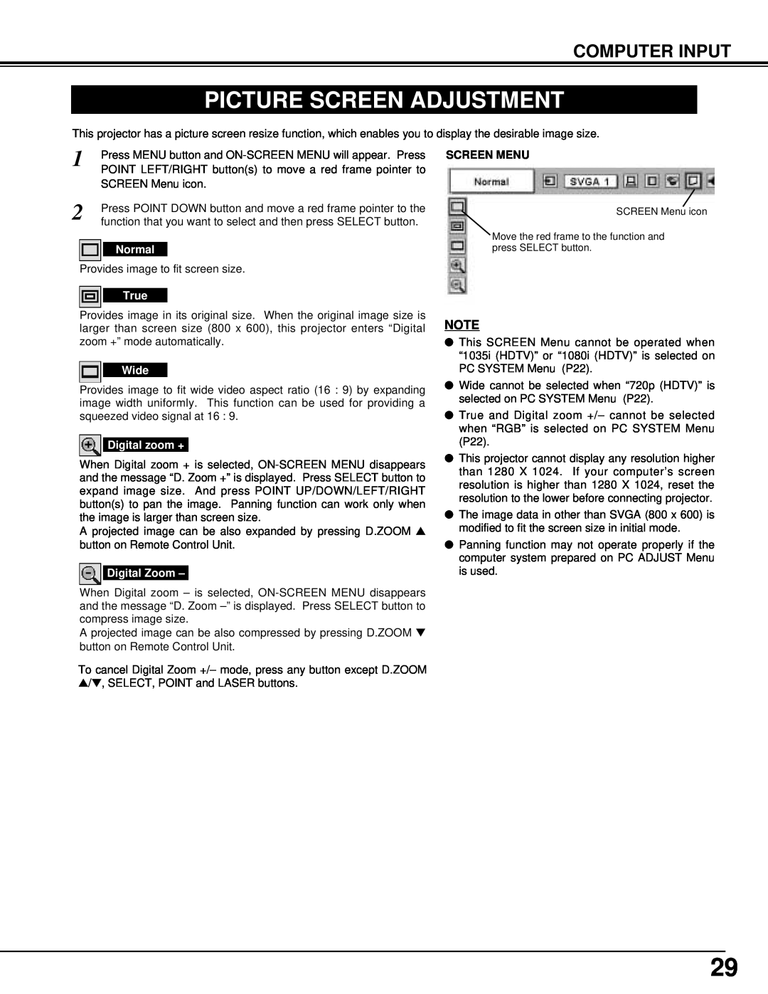 BOXLIGHT cp-12t manual Picture Screen Adjustment, Computer Input, Screen Menu 