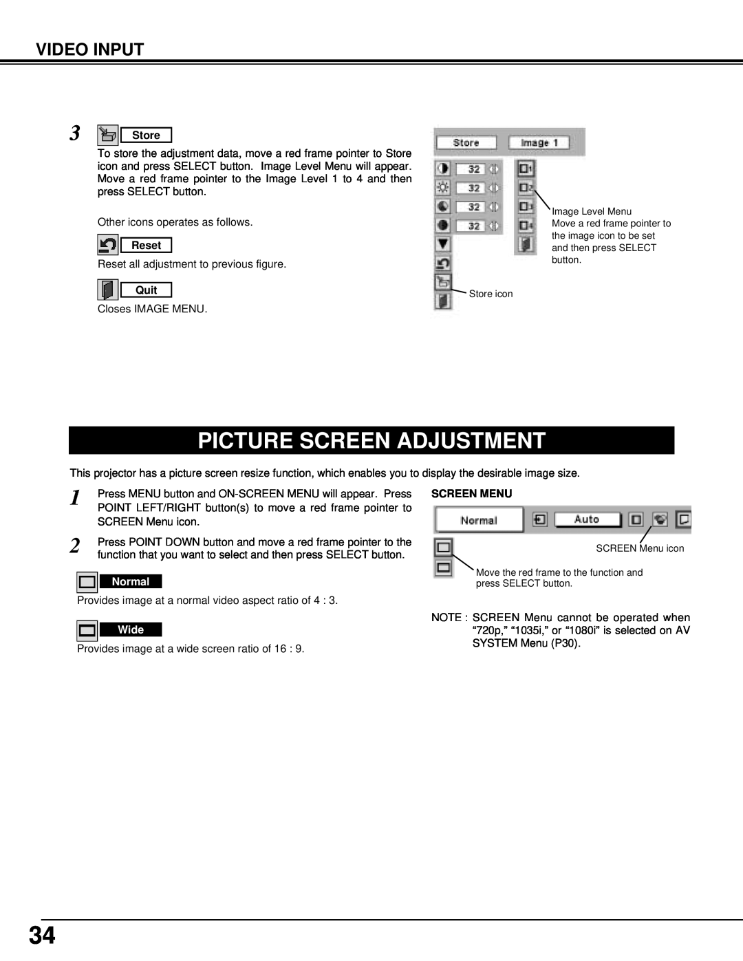 BOXLIGHT cp-12t manual Picture Screen Adjustment, Video Input, Store, Reset, Quit, Screen Menu 