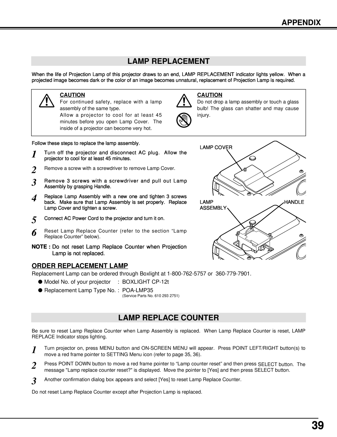 BOXLIGHT cp-12t manual Appendix Lamp Replacement, Lamp Replace Counter, Order Replacement Lamp 