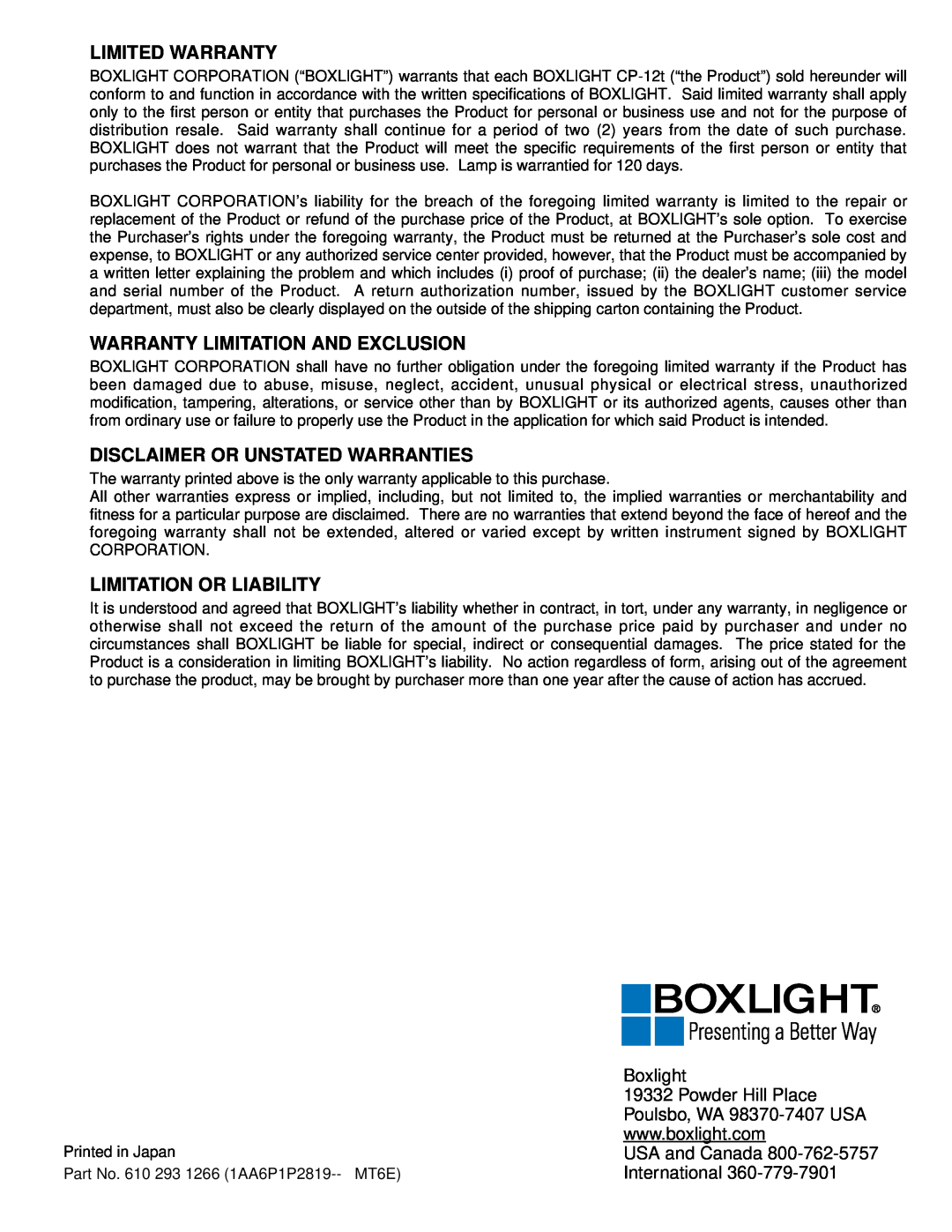 BOXLIGHT cp-12t manual Limited Warranty, Warranty Limitation And Exclusion, Disclaimer Or Unstated Warranties, Boxlight 