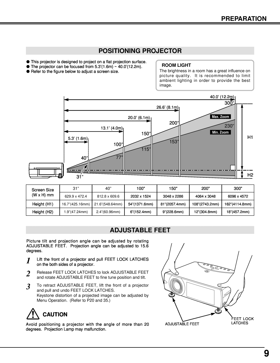 BOXLIGHT cp-12t manual Preparation Positioning Projector, Adjustable Feet, 200”, 150”, 153” 100” 115” 40”77”, 300”, 230” 