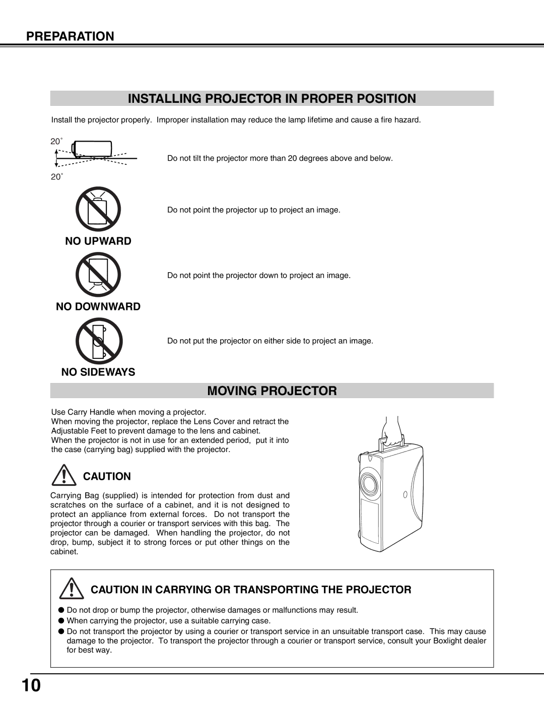 BOXLIGHT CP-12tA manual Preparation Installing Projector in Proper Position, Moving Projector 