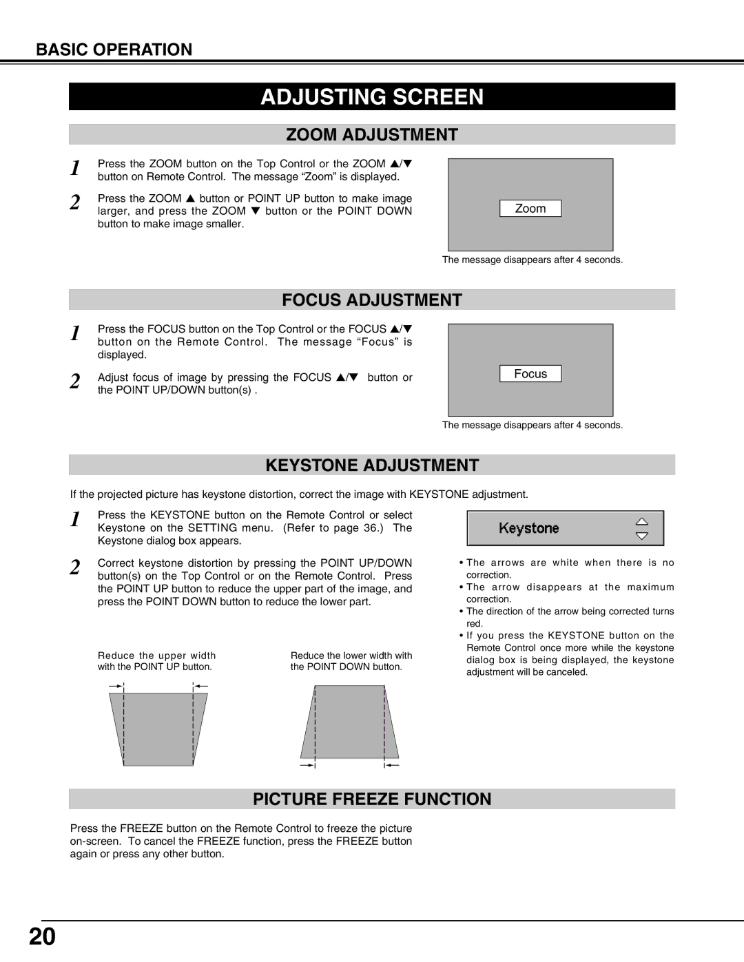 BOXLIGHT CP-12tA manual Adjusting Screen, Focus Adjustment, Keystone Adjustment, Picture Freeze Function 