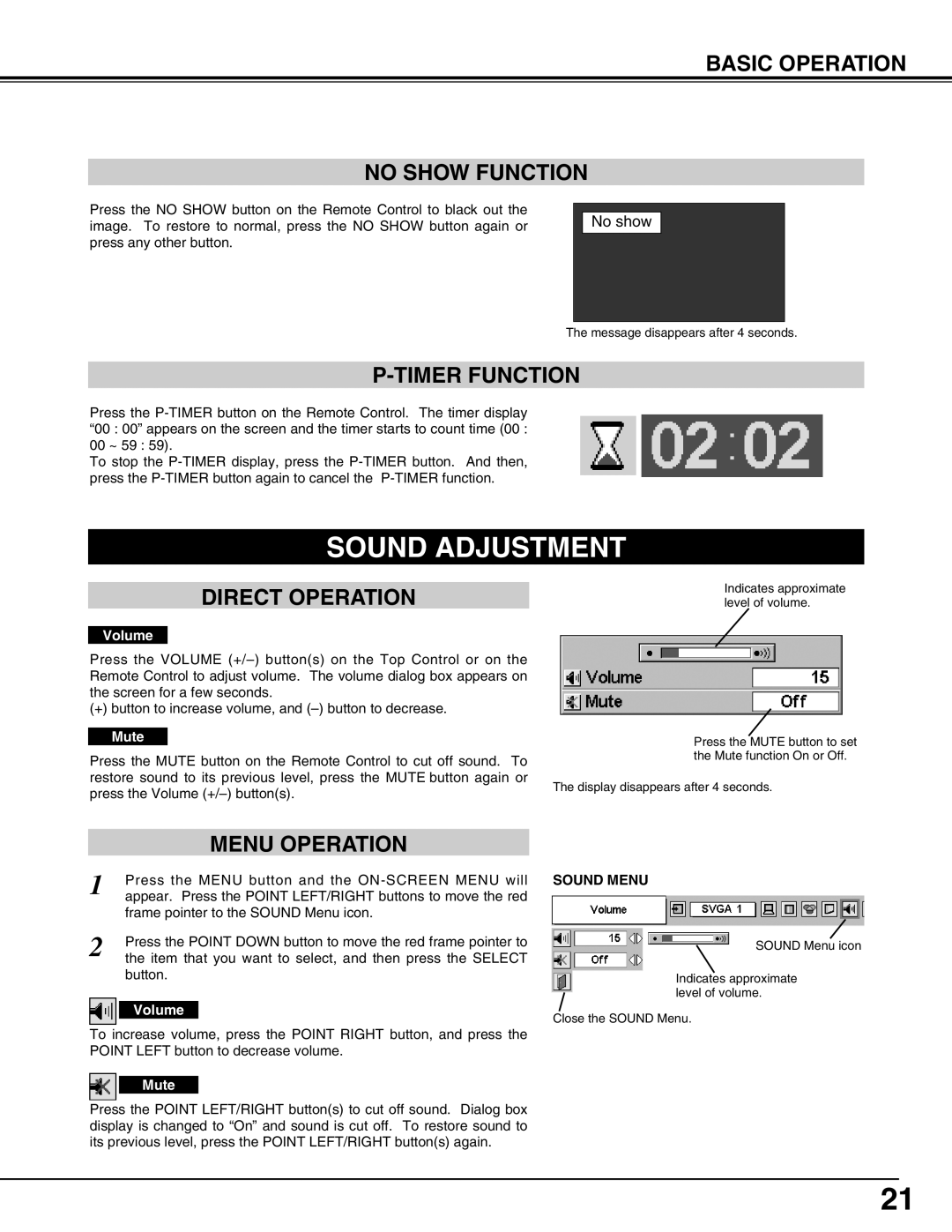 BOXLIGHT CP-12tA Sound Adjustment, Basic Operation No Show Function, Timer Function, Direct Operation, Menu Operation 