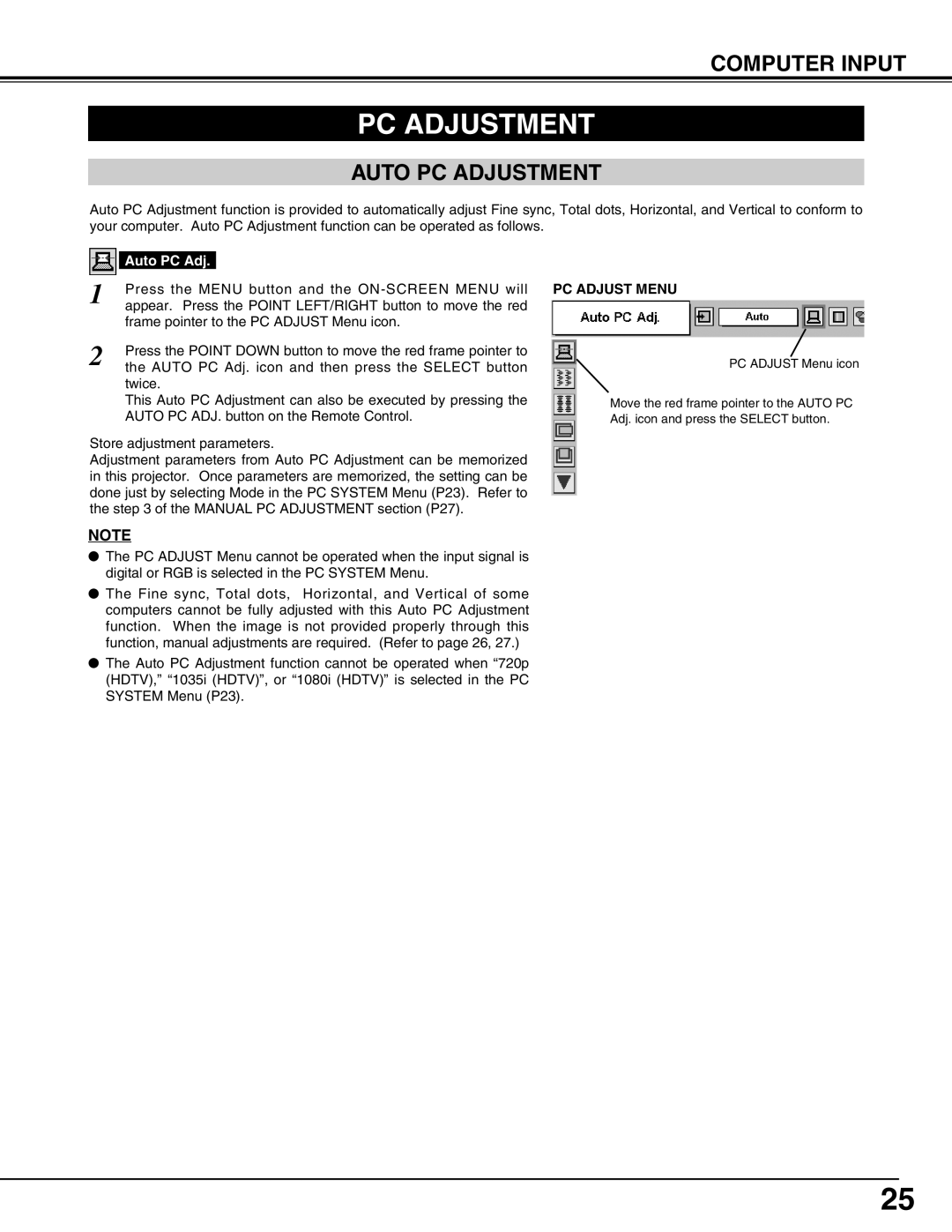 BOXLIGHT CP-12tA manual Auto PC Adjustment, PC Adjust Menu 