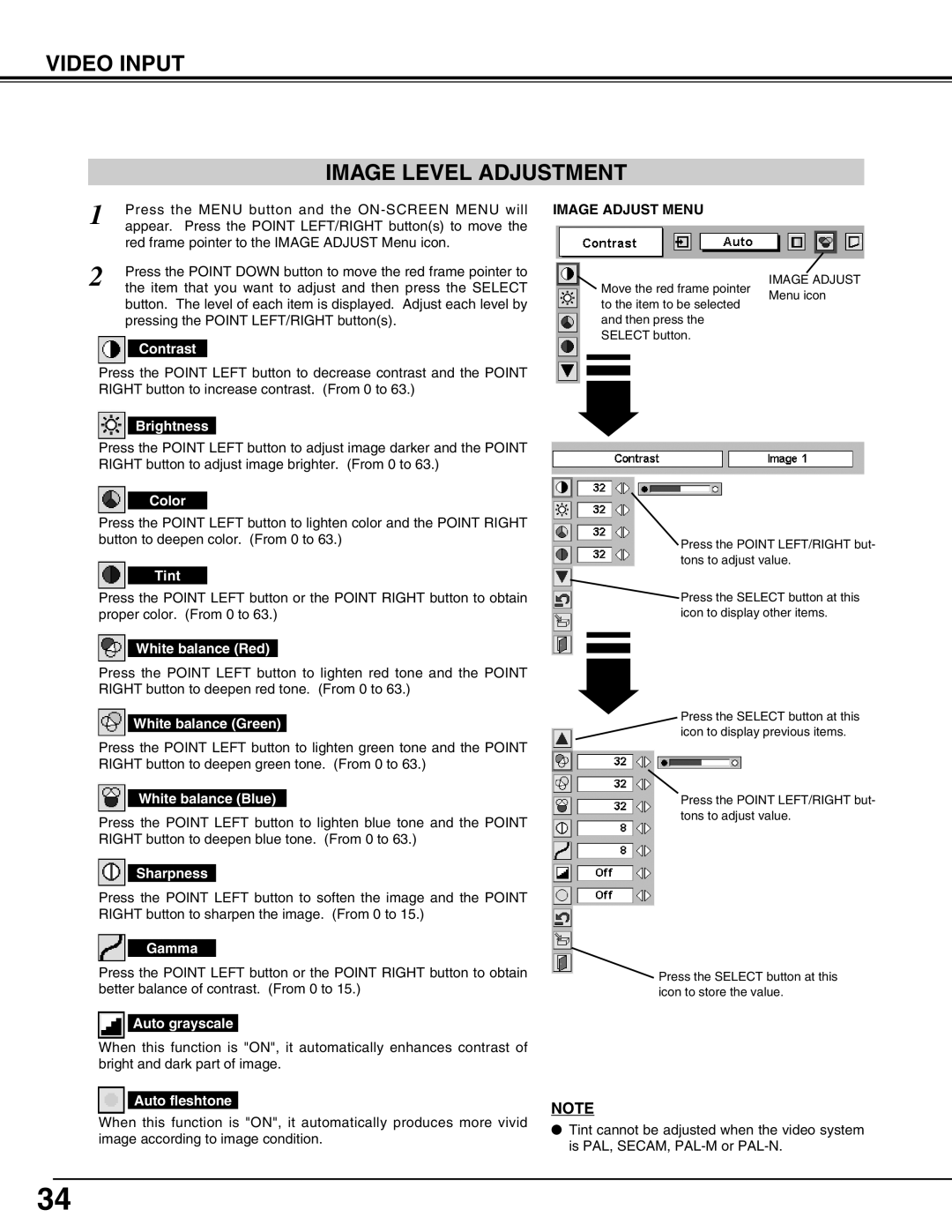 BOXLIGHT CP-12tA manual Video Input Image Level Adjustment, Image Adjust Menu 