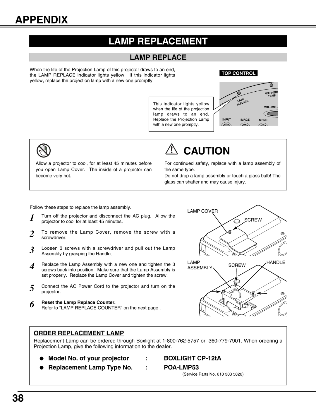 BOXLIGHT CP-12tA manual Appendix, Lamp Replacement, Reset the Lamp Replace Counter 