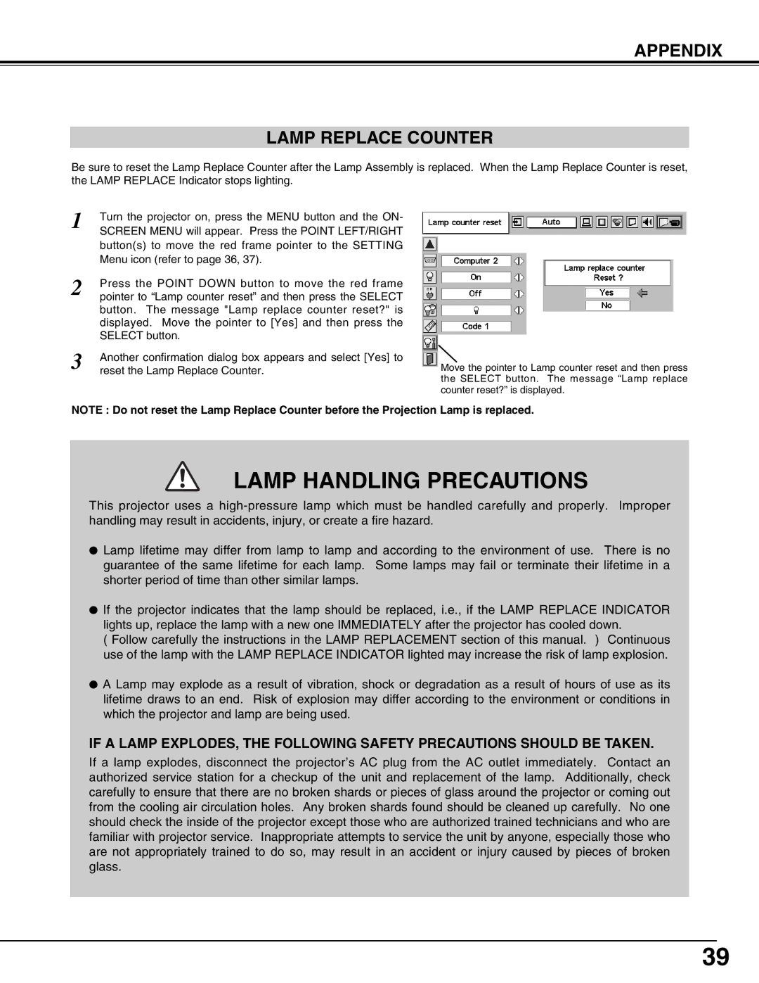 BOXLIGHT CP-12tA manual Lamp Handling Precautions, Appendix Lamp Replace Counter 