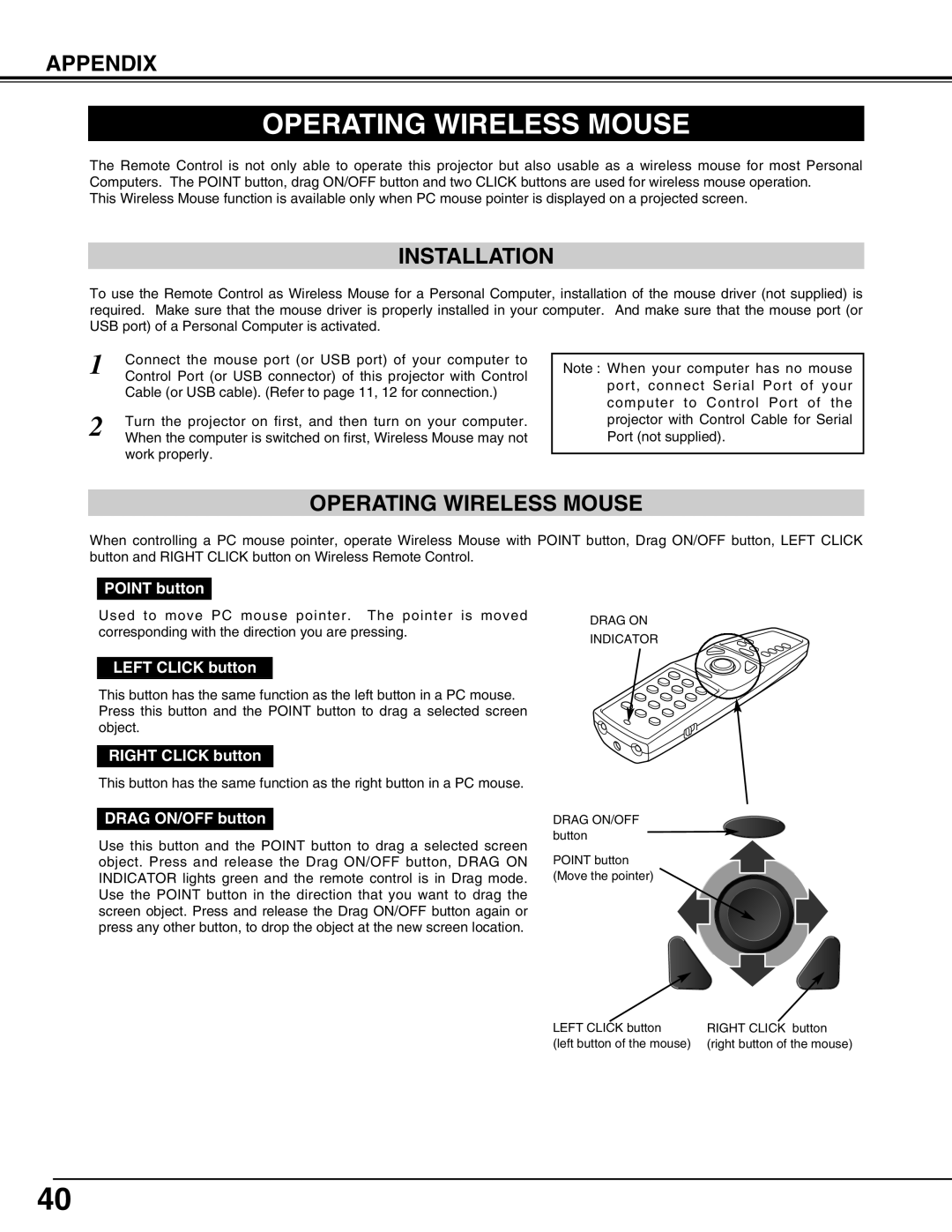 BOXLIGHT CP-12tA manual Operating Wireless Mouse, Installation 