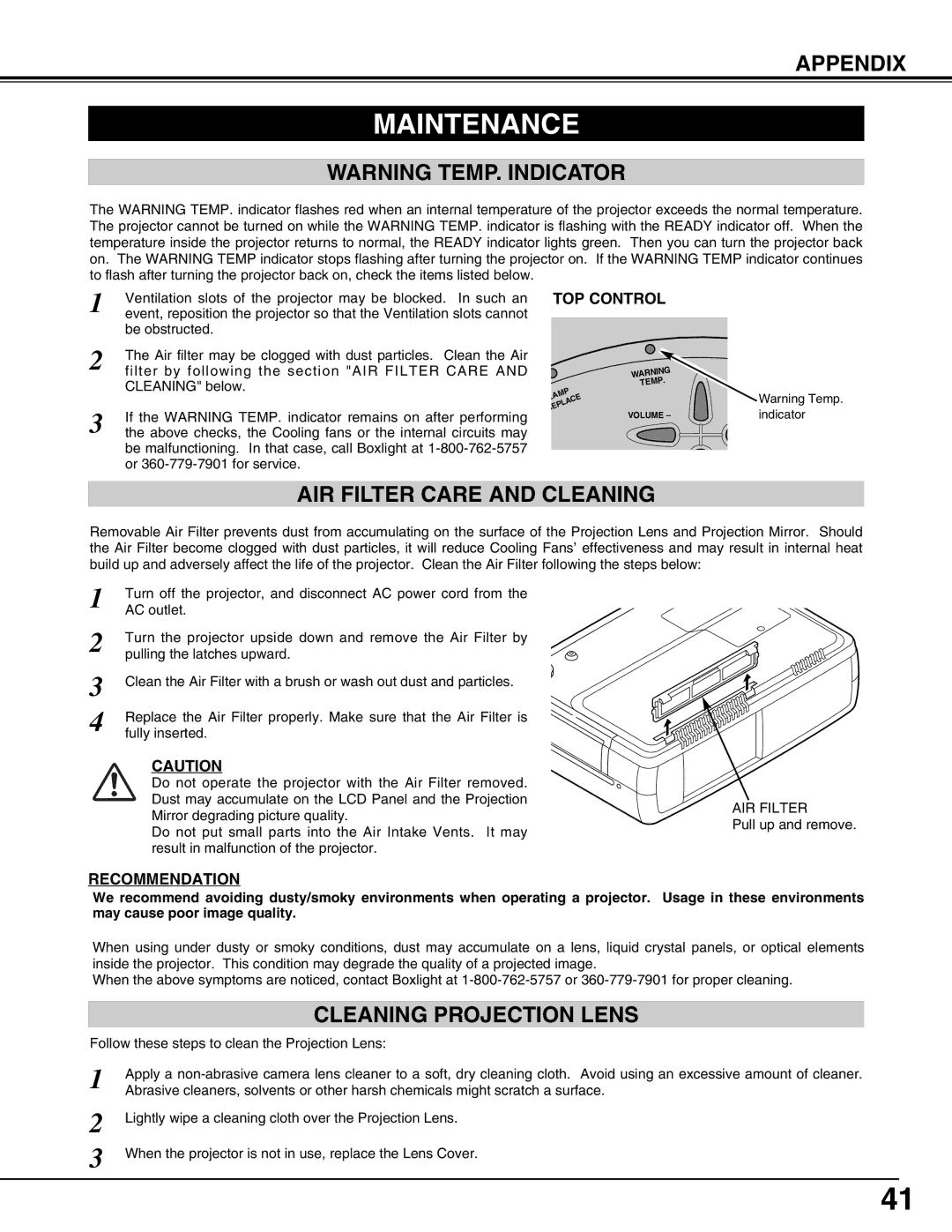 BOXLIGHT CP-12tA manual Maintenance, AIR Filter Care and Cleaning, Cleaning Projection Lens, TOP Control, Recommendation 