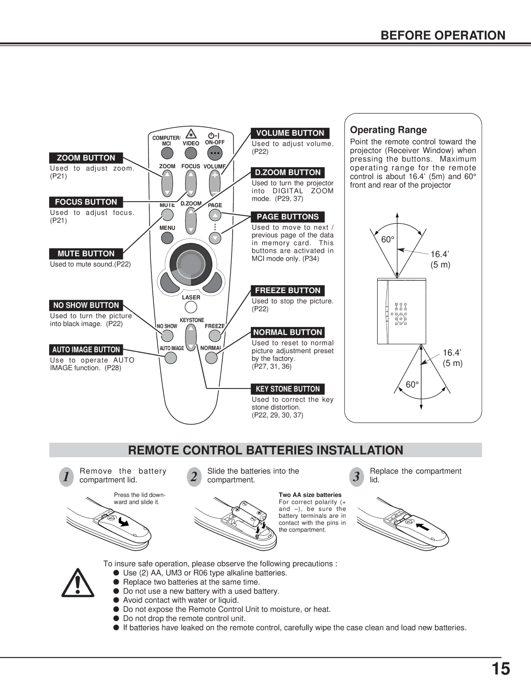 BOXLIGHT CP-13t manual Remote Control Batteries Installation, Operating Range 