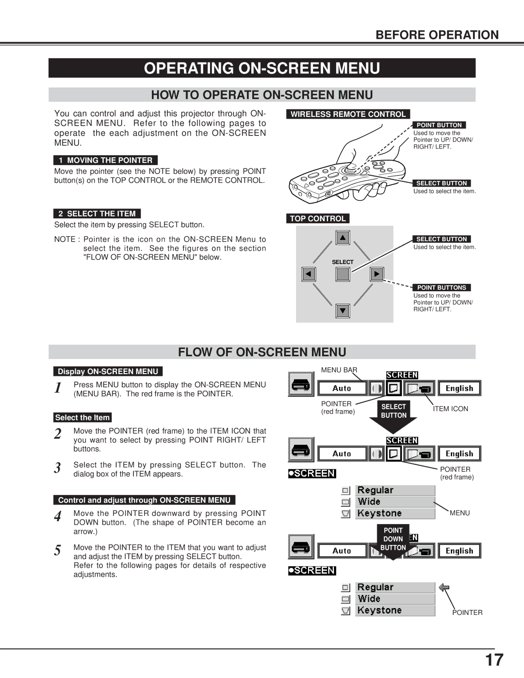 BOXLIGHT CP-13t manual Operating ON-SCREEN Menu, HOW to Operate ON-SCREEN Menu, Flow of ON-SCREEN Menu 