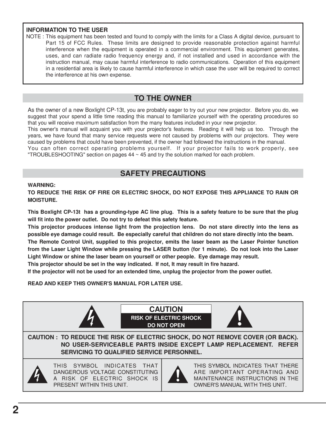 BOXLIGHT CP-13t manual To the Owner, Safety Precautions, Risk of Electric Shock Do not Open 