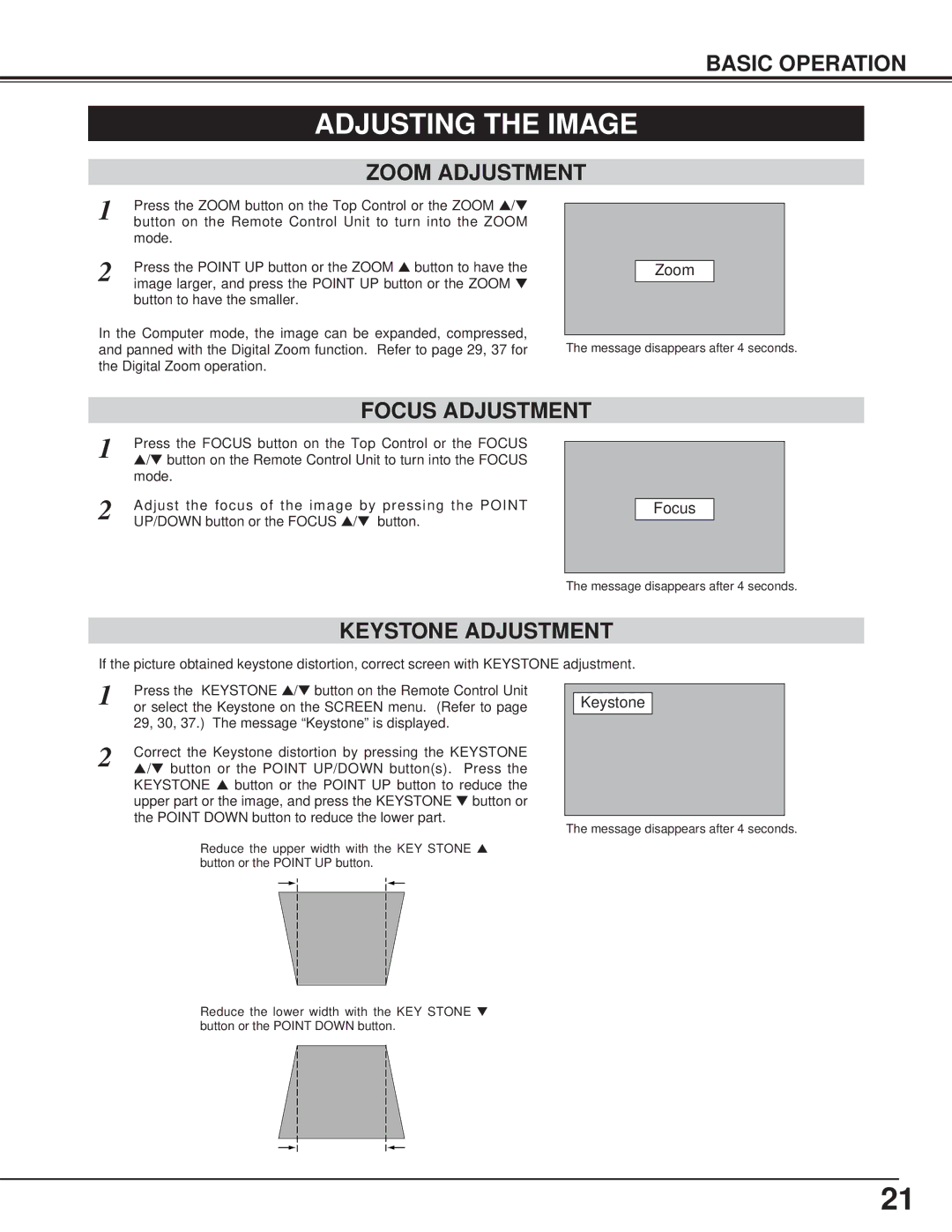 BOXLIGHT CP-13t manual Adjusting the Image, Zoom Adjustment, Keystone Adjustment 