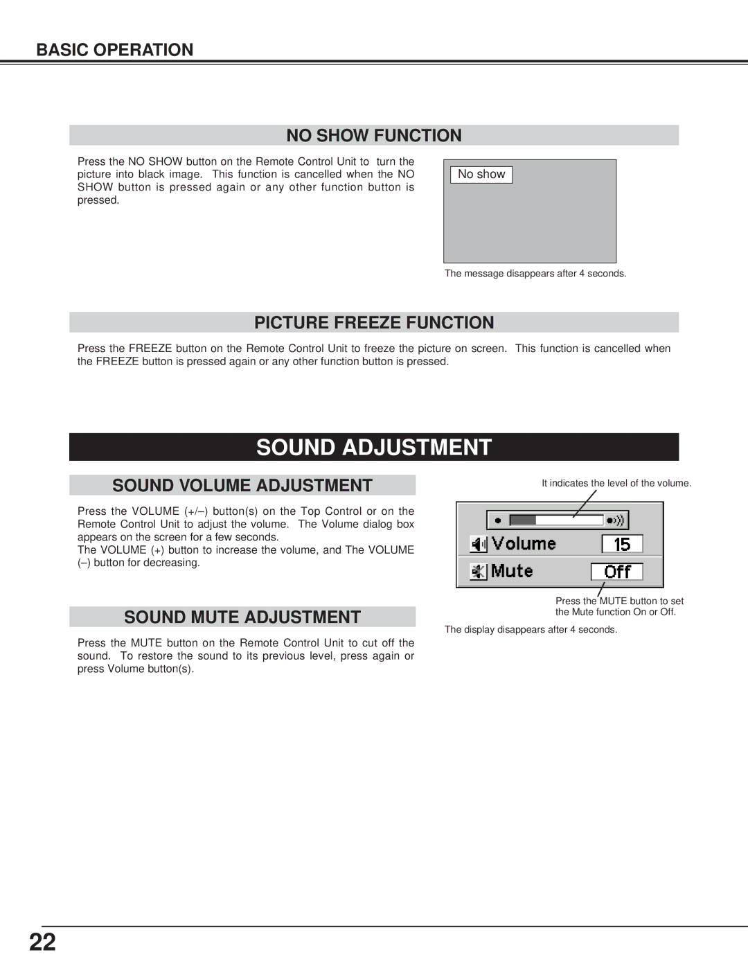 BOXLIGHT CP-13t manual Sound Adjustment, Basic Operation No Show Function, Picture Freeze Function, Sound Volume Adjustment 