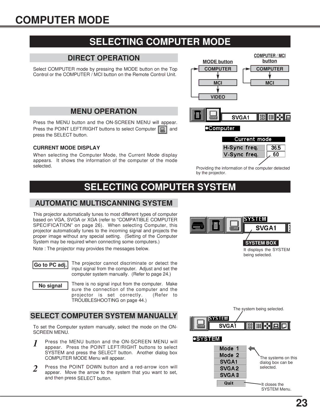 BOXLIGHT CP-13t manual Selecting Computer Mode, Selecting Computer System 