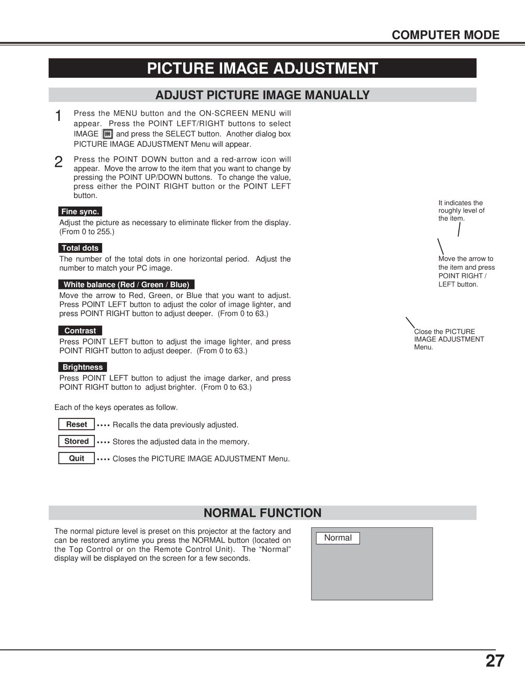 BOXLIGHT CP-13t manual Adjust Picture Image Manually, Normal Function 