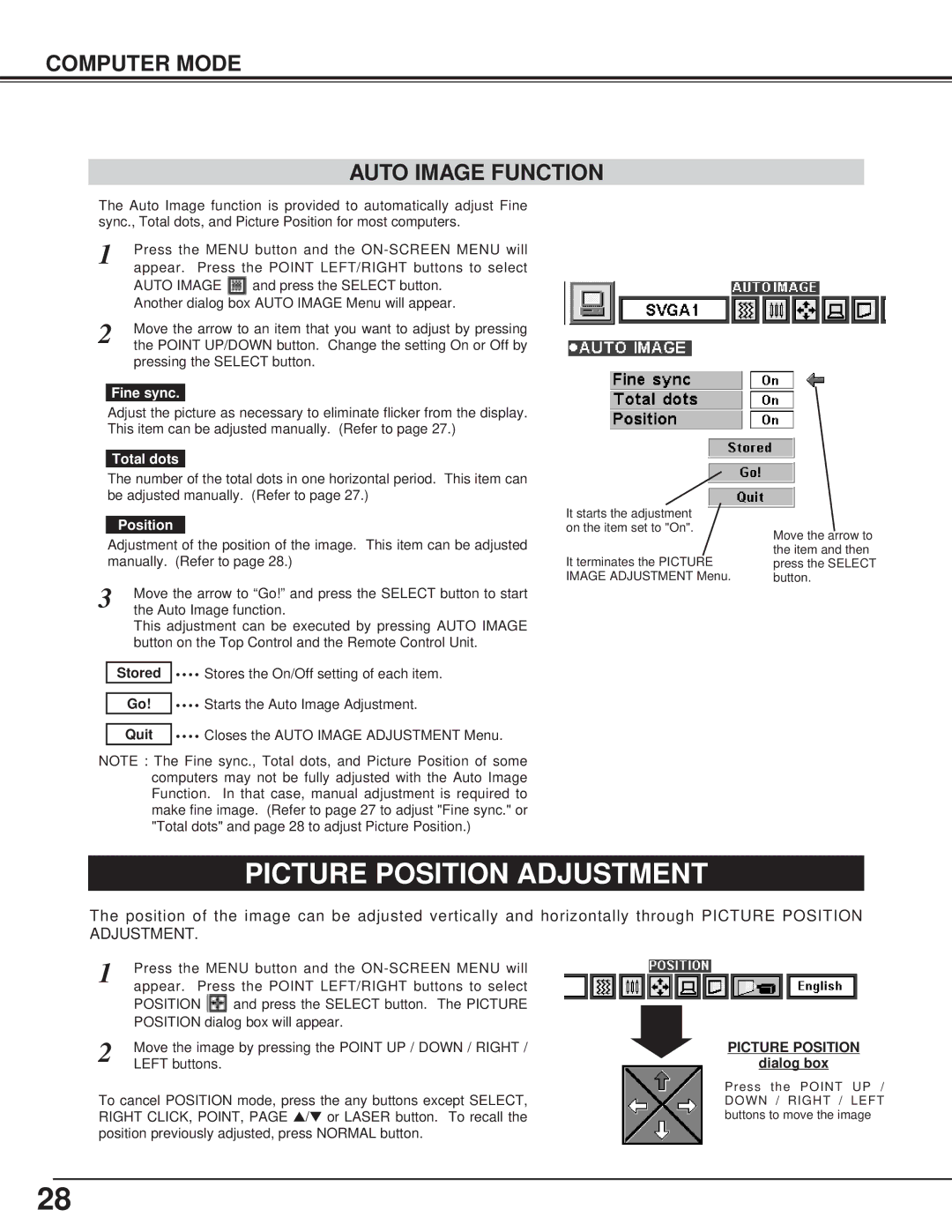 BOXLIGHT CP-13t manual Picture Position Adjustment, Computer Mode Auto Image Function 