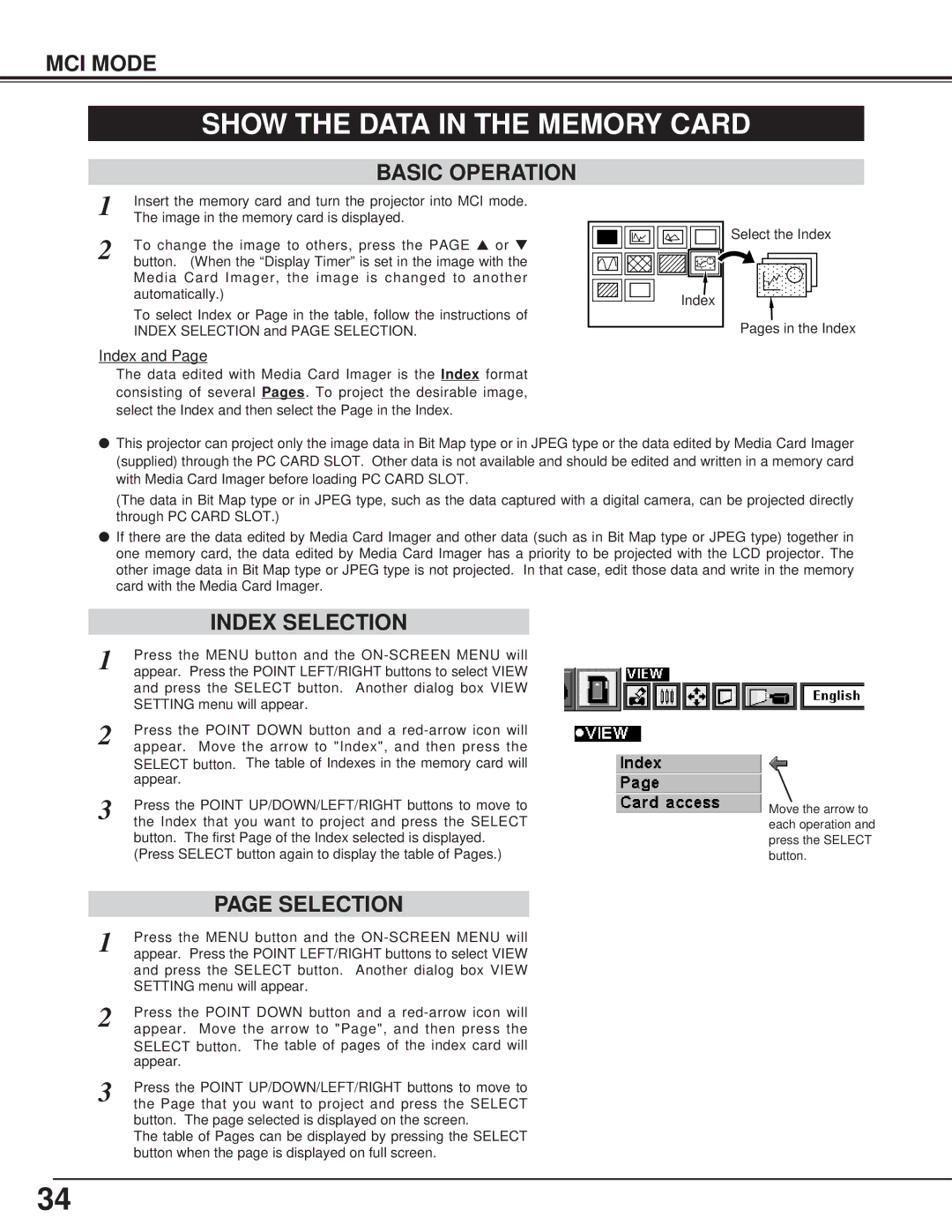 BOXLIGHT CP-13t manual Show the Data in the Memory Card, Index Selection 