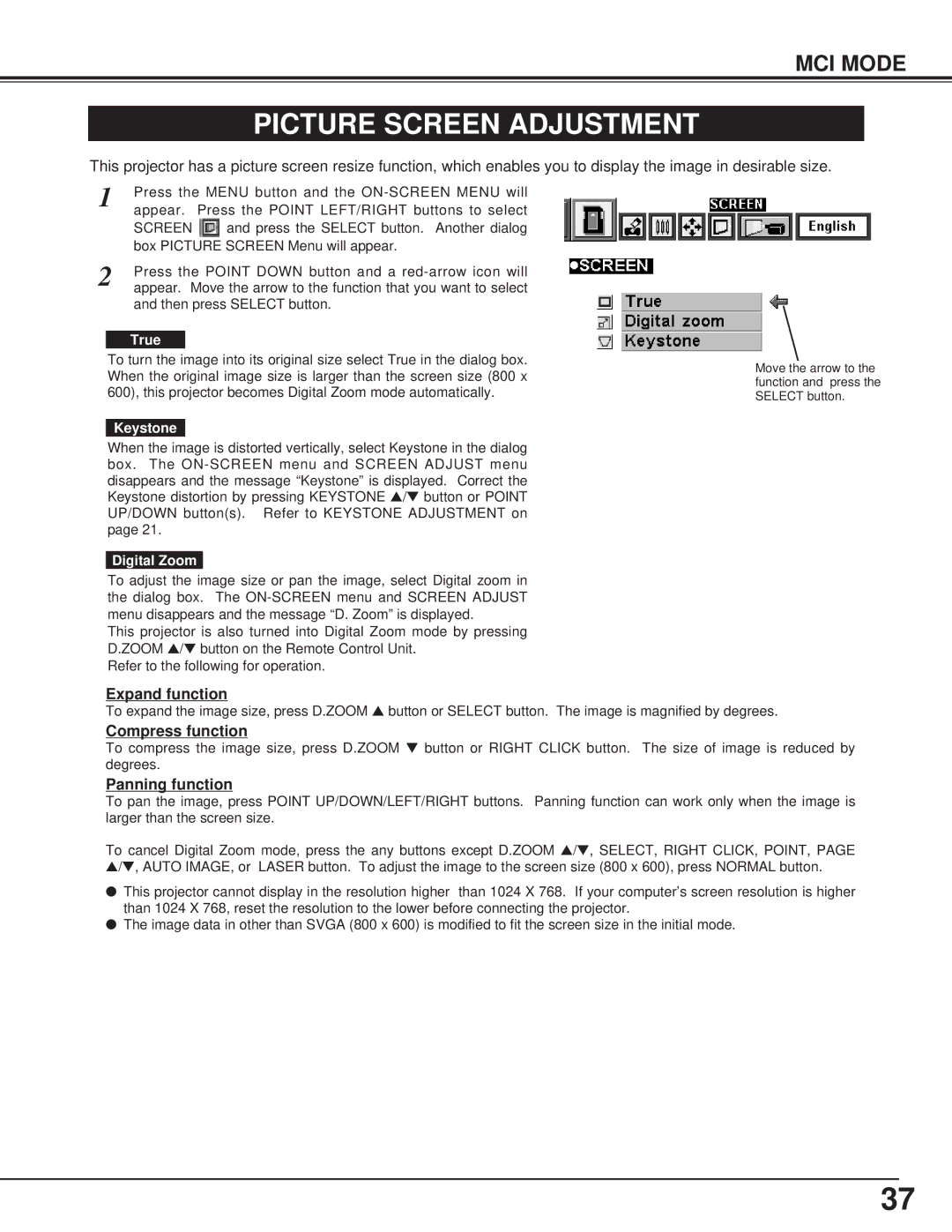 BOXLIGHT CP-13t manual Picture Screen Adjustment 