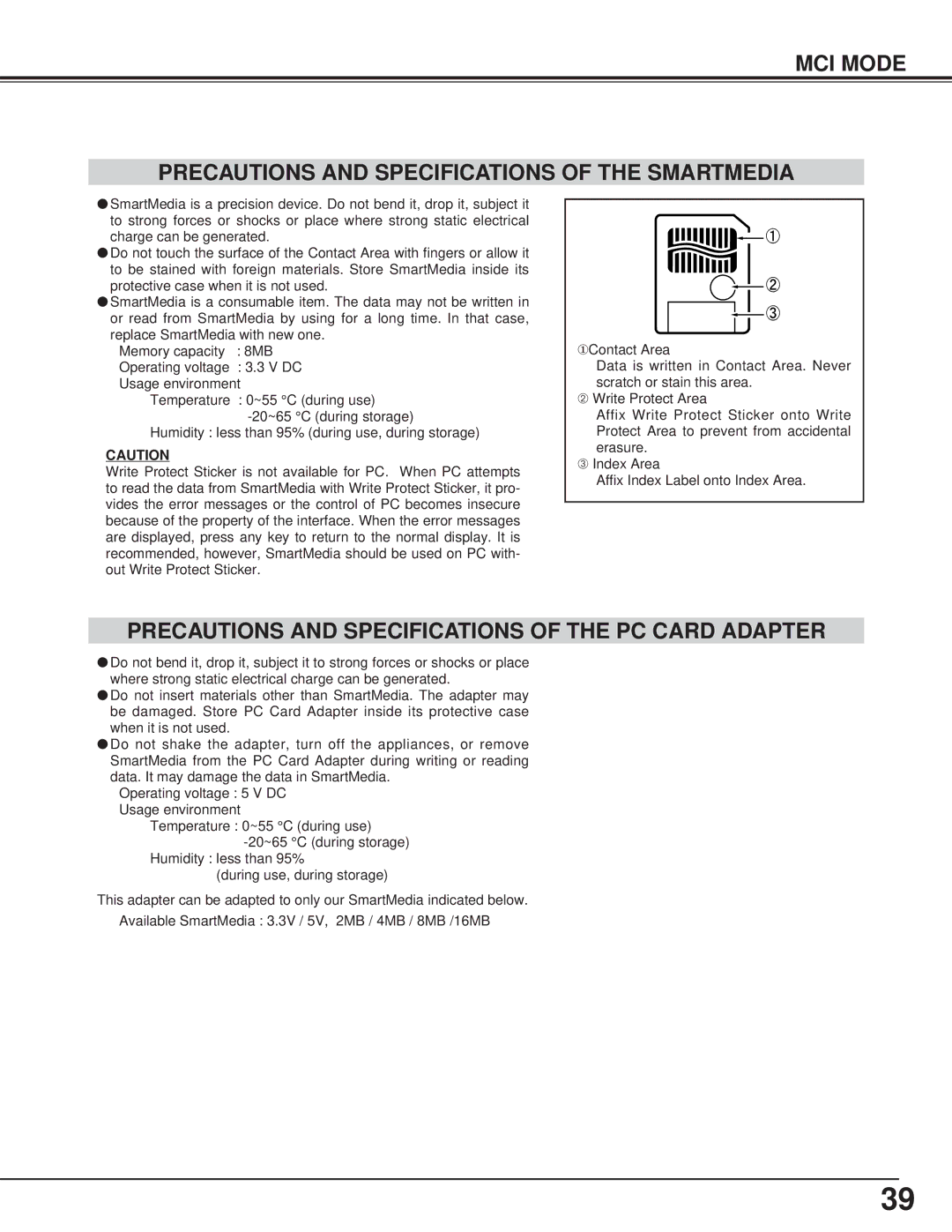 BOXLIGHT CP-13t manual MCI Mode Precautions and Specifications of the Smartmedia 