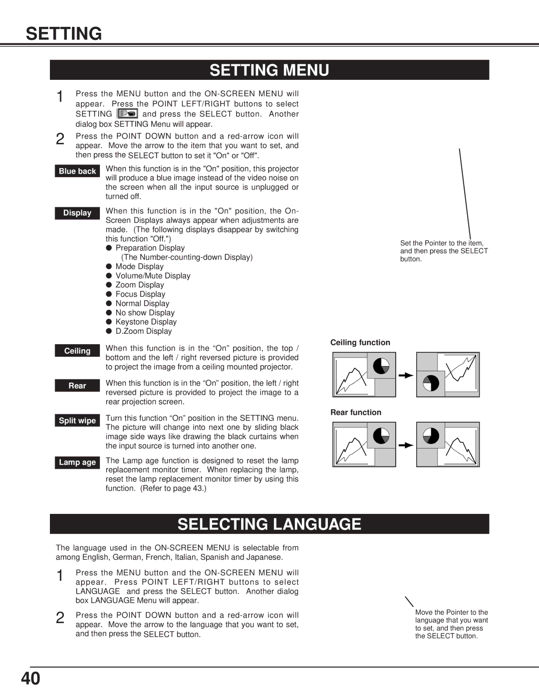 BOXLIGHT CP-13t manual Setting Menu, Selecting Language 