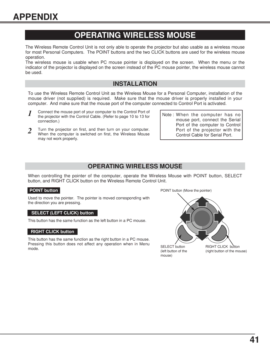 BOXLIGHT CP-13t manual Appendix, Operating Wireless Mouse, Installation 