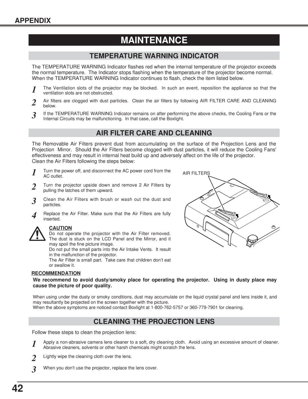 BOXLIGHT CP-13t Maintenance, Temperature Warning Indicator, AIR Filter Care and Cleaning, Cleaning the Projection Lens 