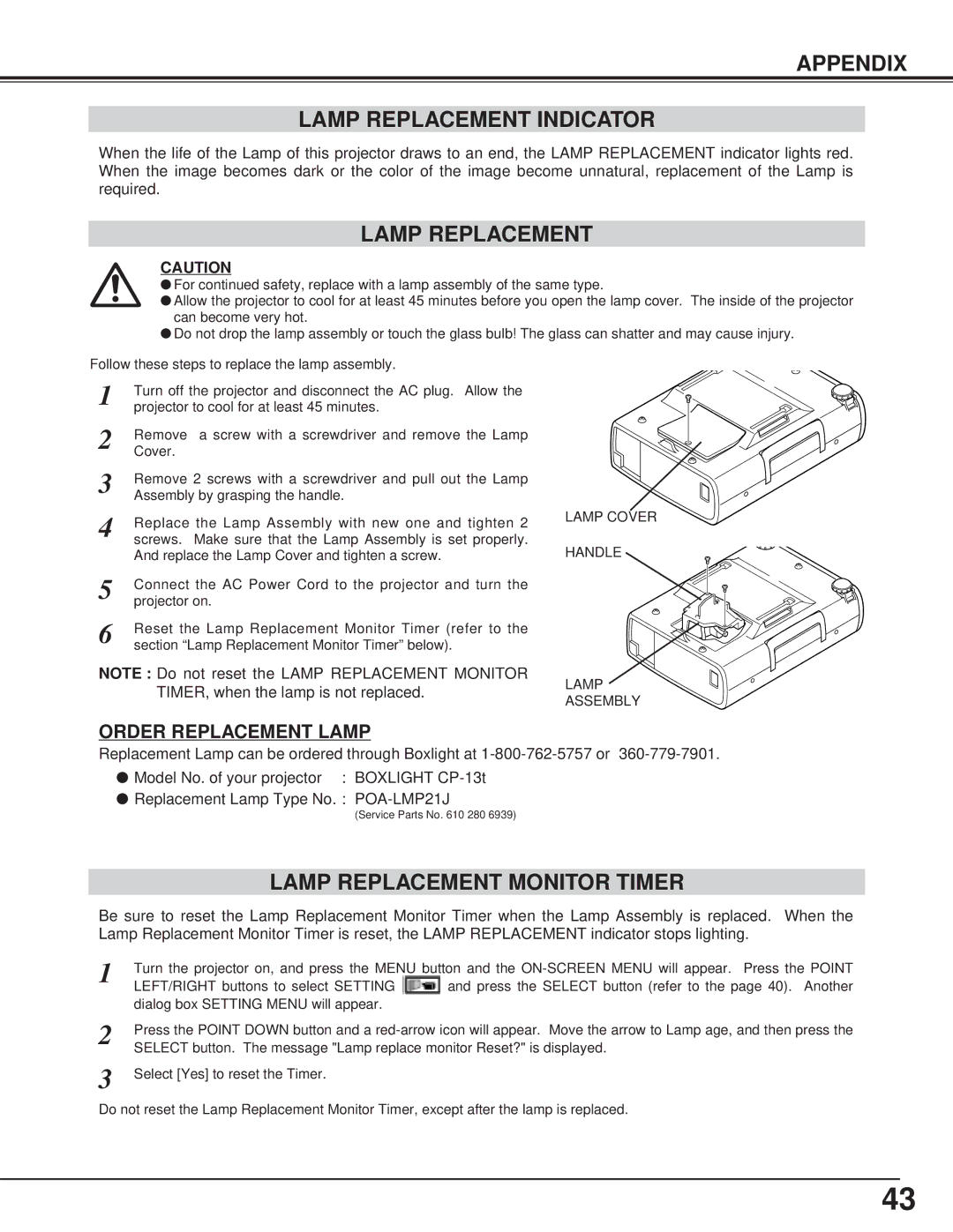 BOXLIGHT CP-13t manual Appendix Lamp Replacement Indicator, Lamp Replacement Monitor Timer 