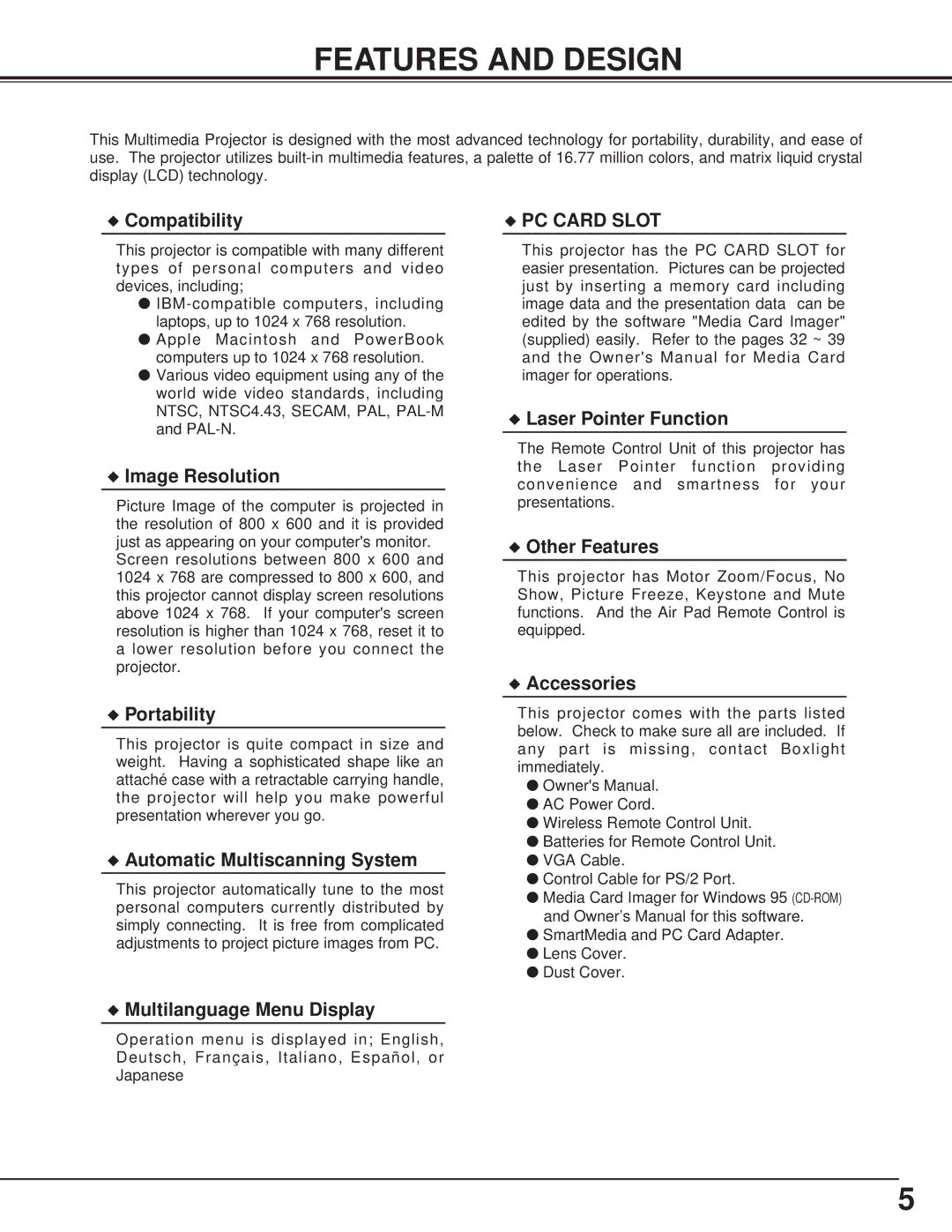 BOXLIGHT CP-13t manual Features and Design, Compatibility 