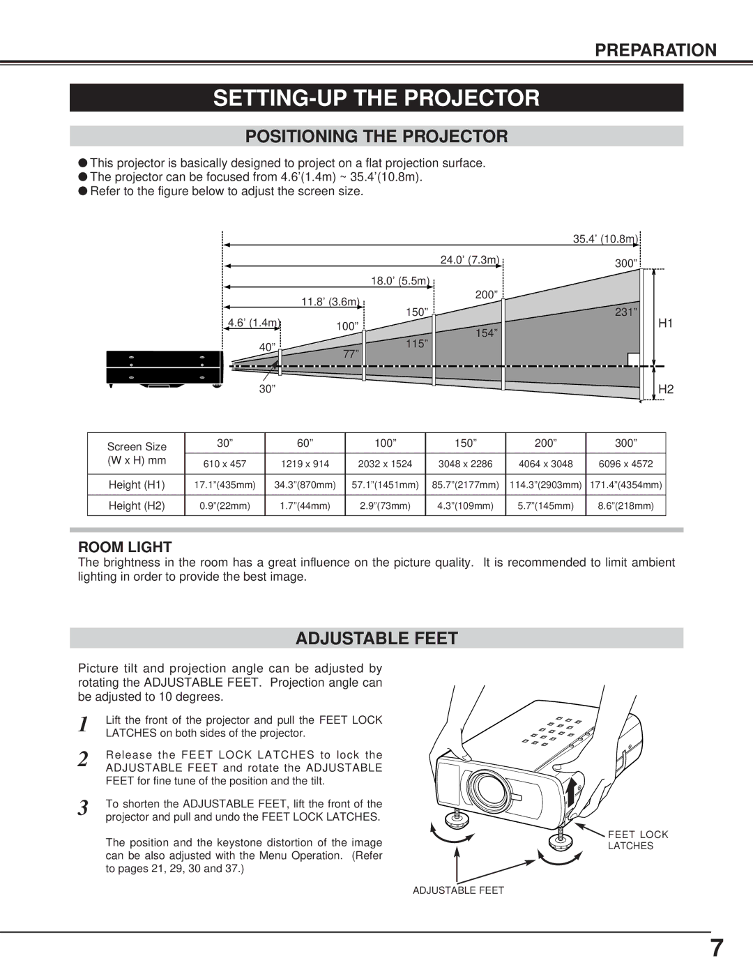 BOXLIGHT CP-13t manual SETTING-UP the Projector, Positioning the Projector, Adjustable Feet 