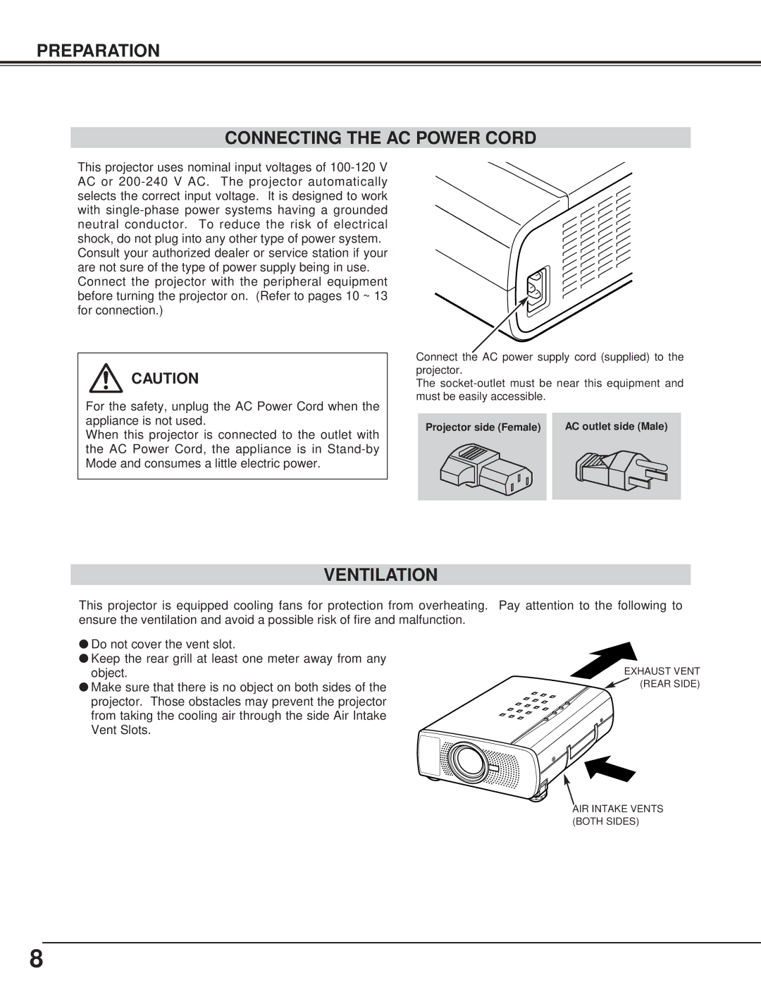 BOXLIGHT CP-13t manual Preparation Connecting the AC Power Cord, Ventilation 