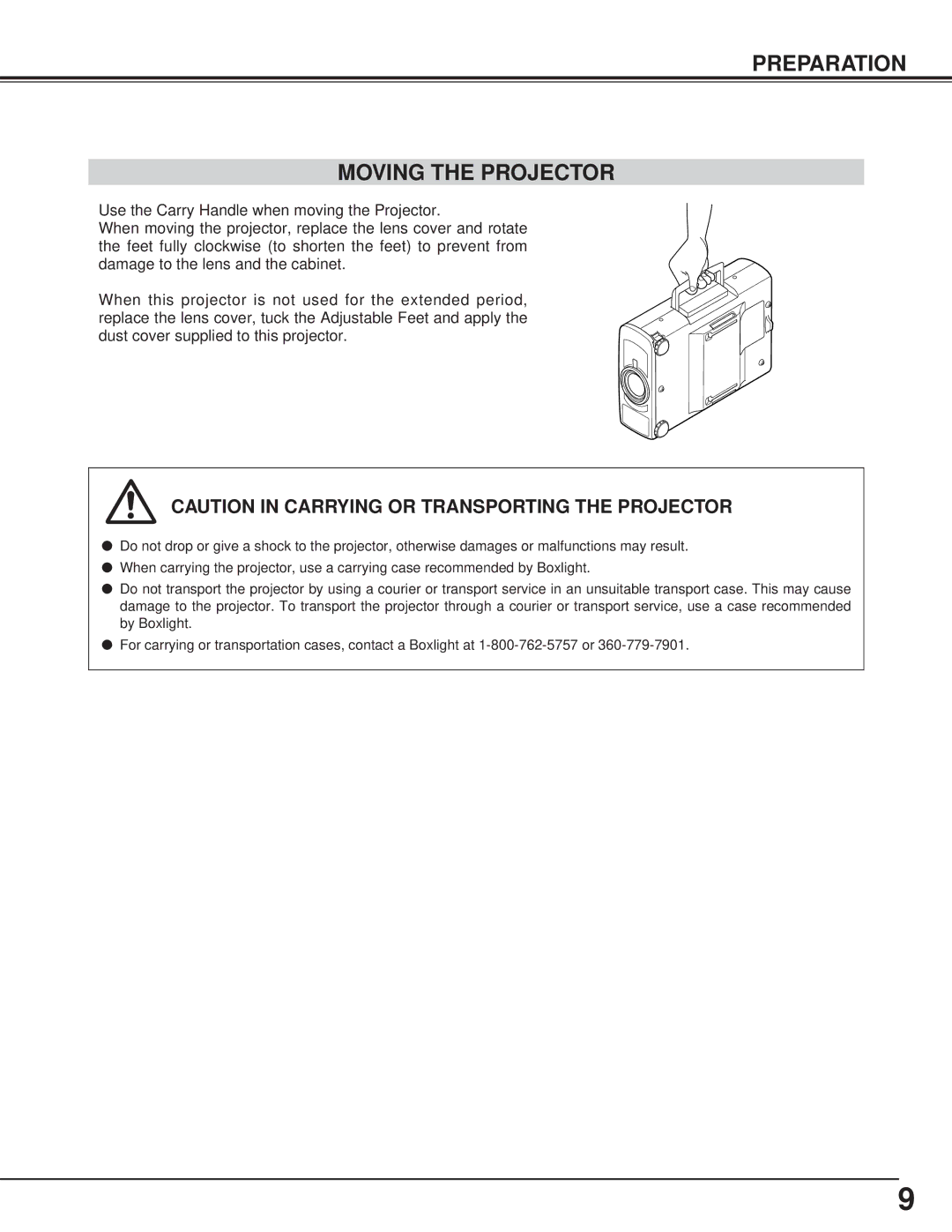 BOXLIGHT CP-13t manual Preparation Moving the Projector 