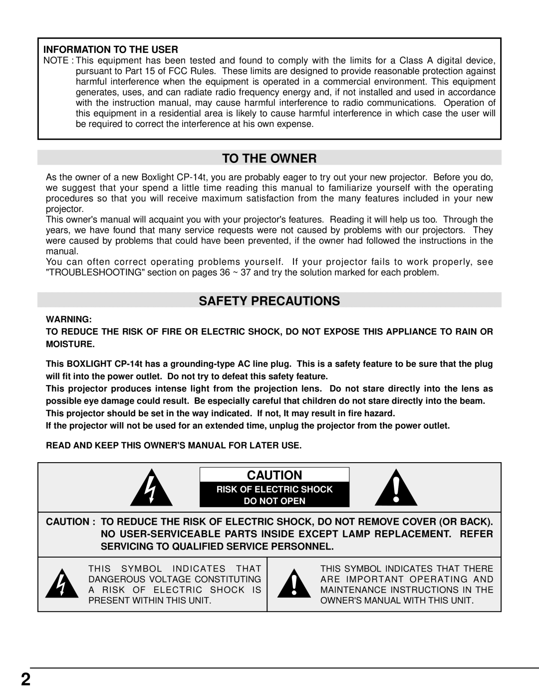 BOXLIGHT CP-14t manual To the Owner, Safety Precautions, Risk of Electric Shock Do not Open 