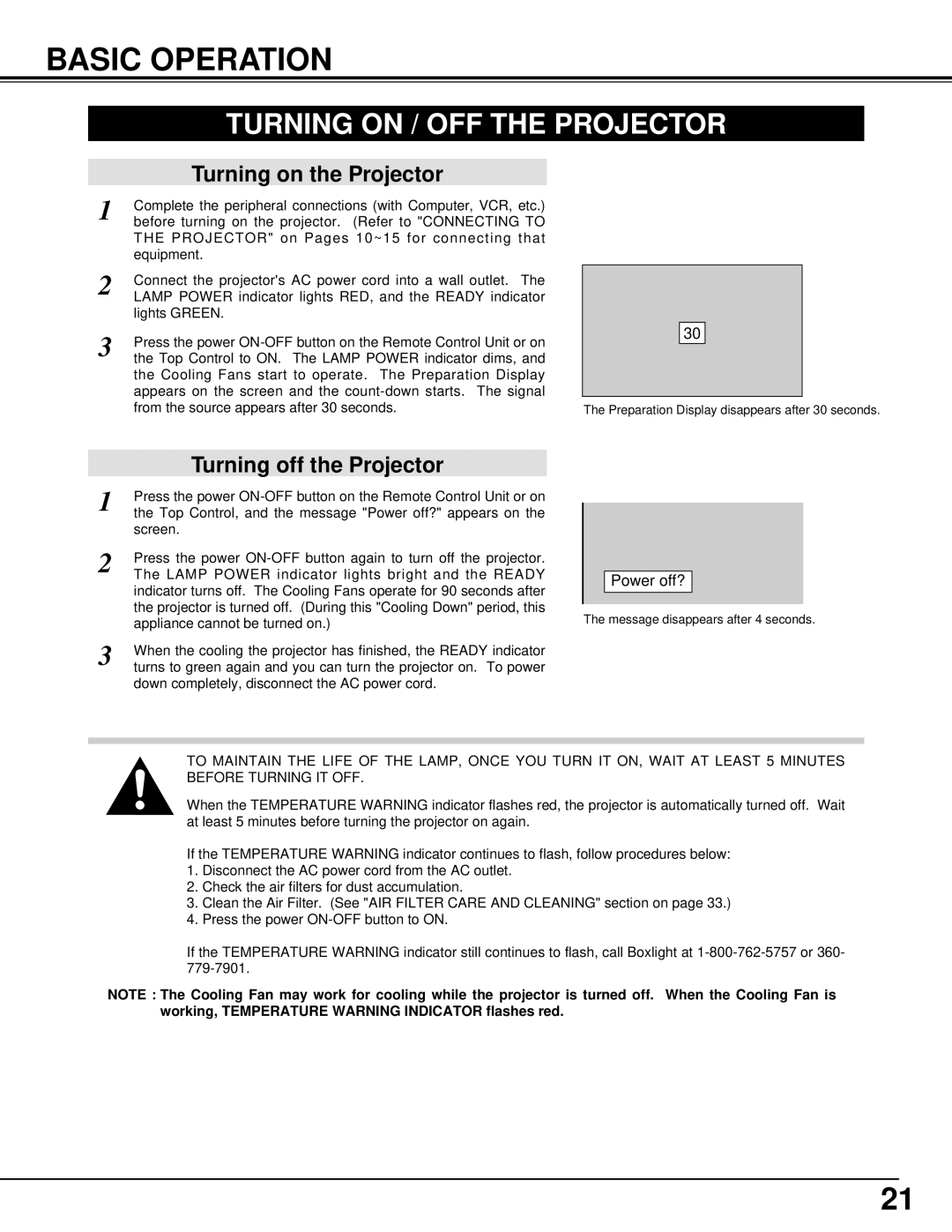 BOXLIGHT CP-14t manual Basic Operation, Turning on / OFF the Projector, Turning on the Projector, Turning off the Projector 