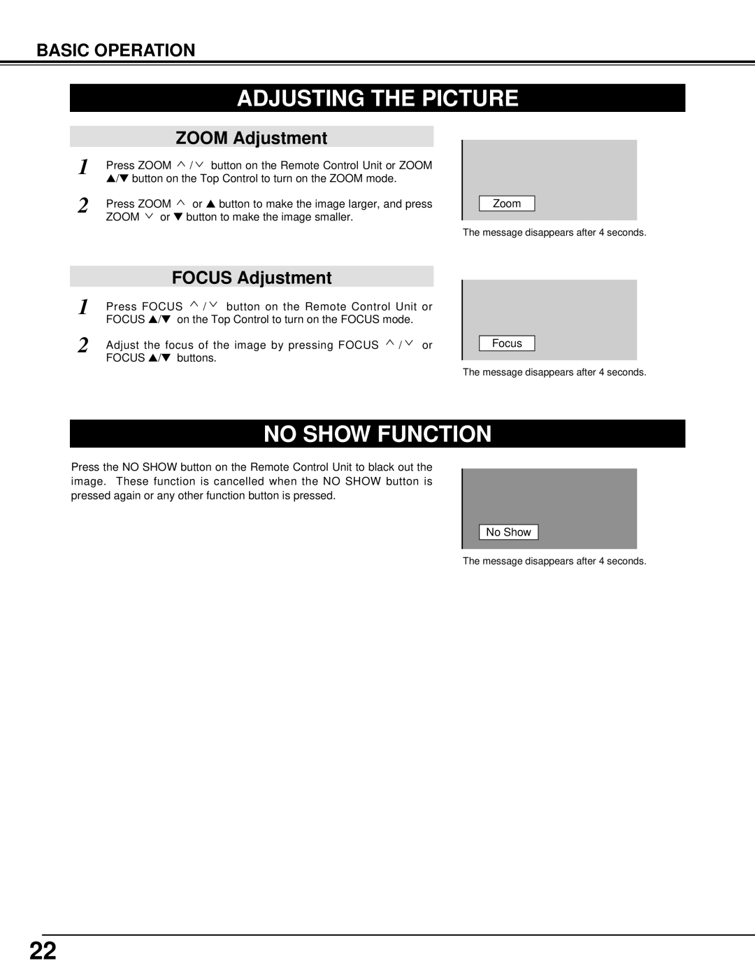 BOXLIGHT CP-14t manual Adjusting the Picture, No Show Function, Basic Operation, Zoom, Focus 