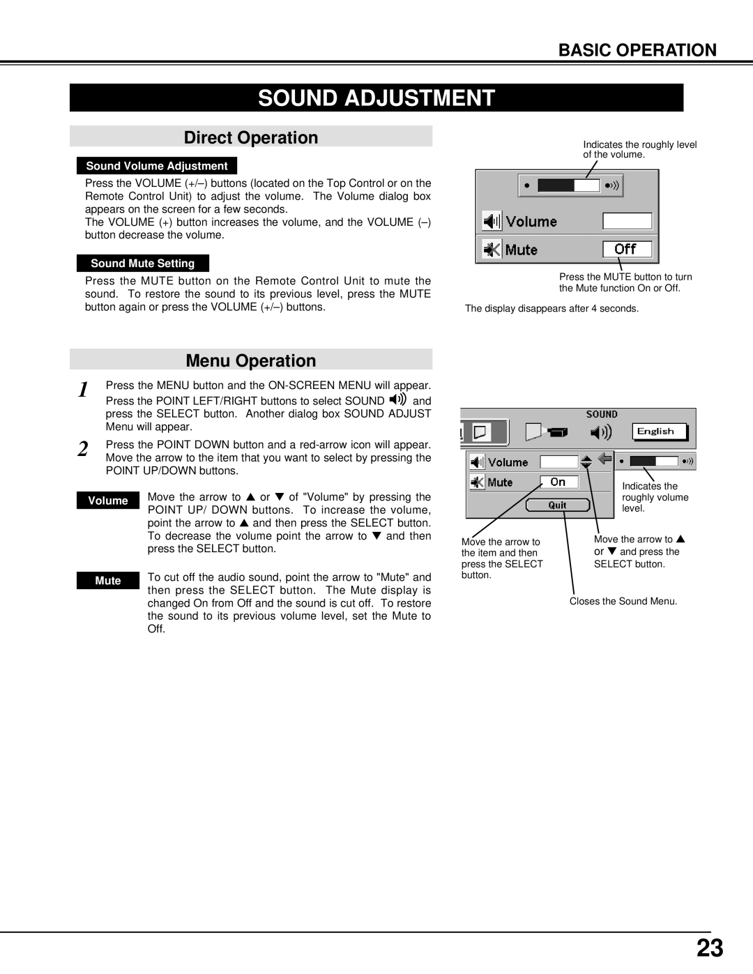 BOXLIGHT CP-14t manual Sound Adjustment, Direct Operation, Menu Operation 