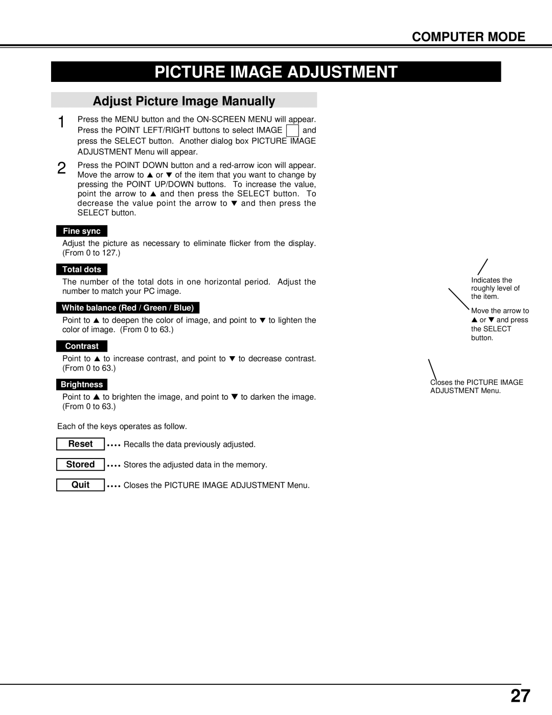 BOXLIGHT CP-14t manual Picture Image Adjustment, Adjust Picture Image Manually 